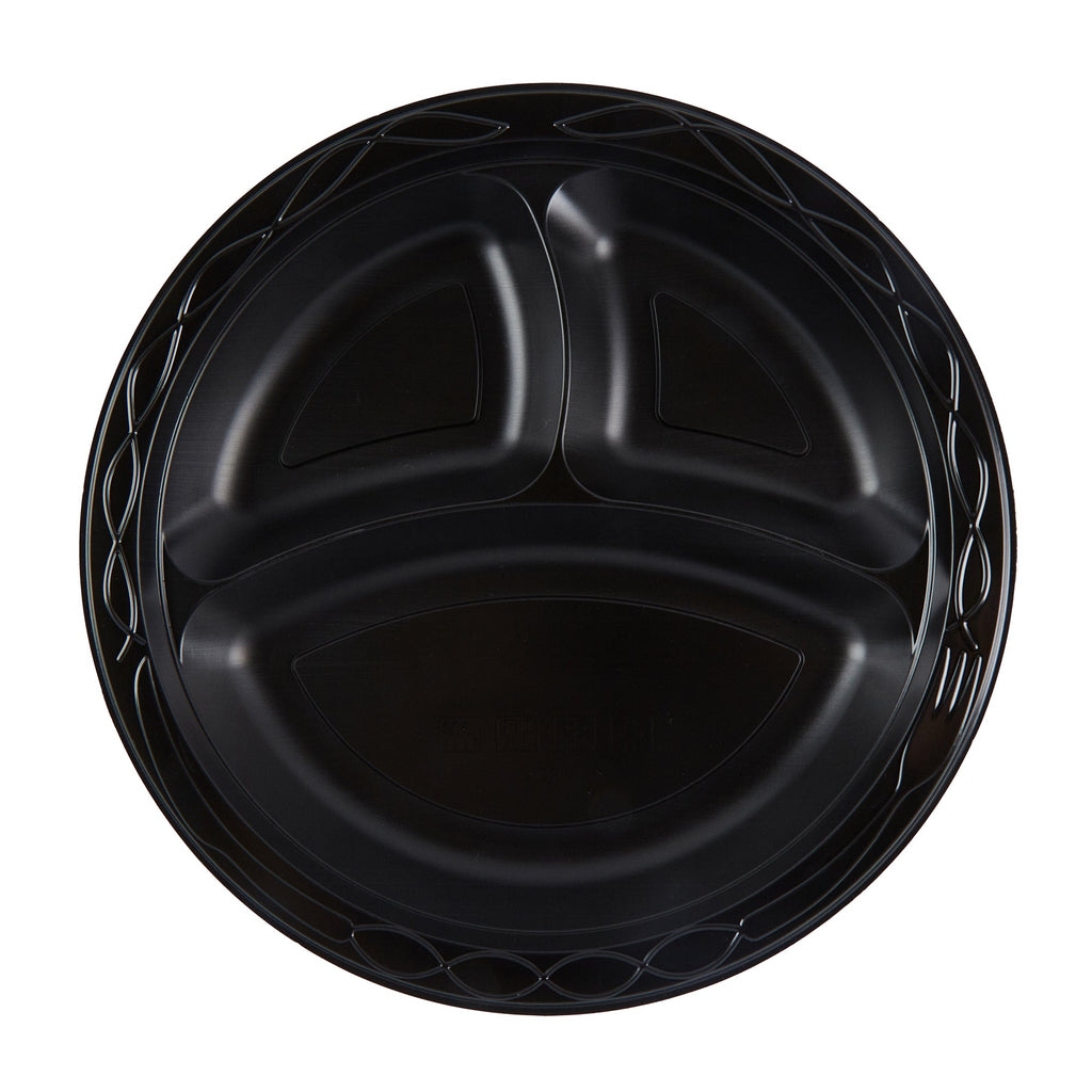 Chef 101 Round Black Plastic Plate - 3 Compartments, Microwavable - 10 1/4" x 10 1/4" x 1" - 50 count box