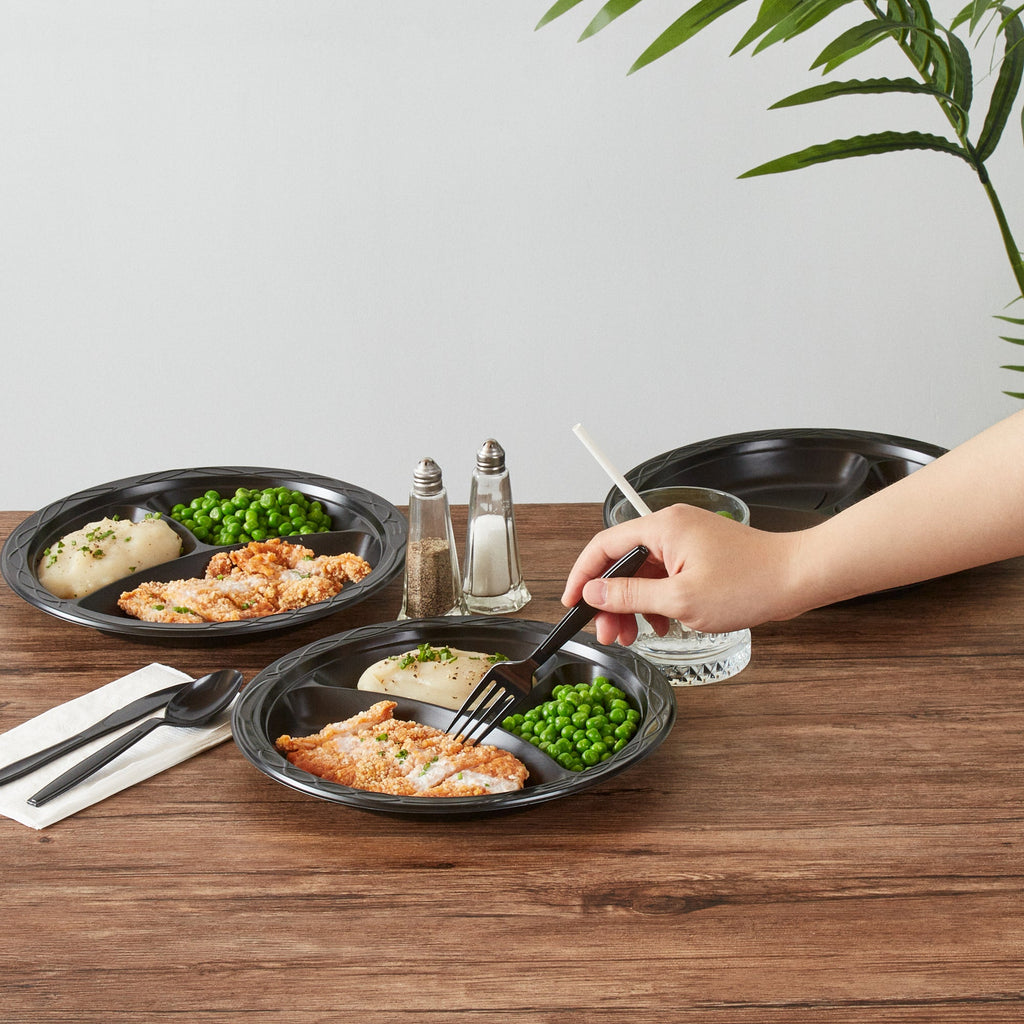 Chef 101 Round Black Plastic Plate - 3 Compartments, Microwavable - 10 1/4" x 10 1/4" x 1" - 50 count box