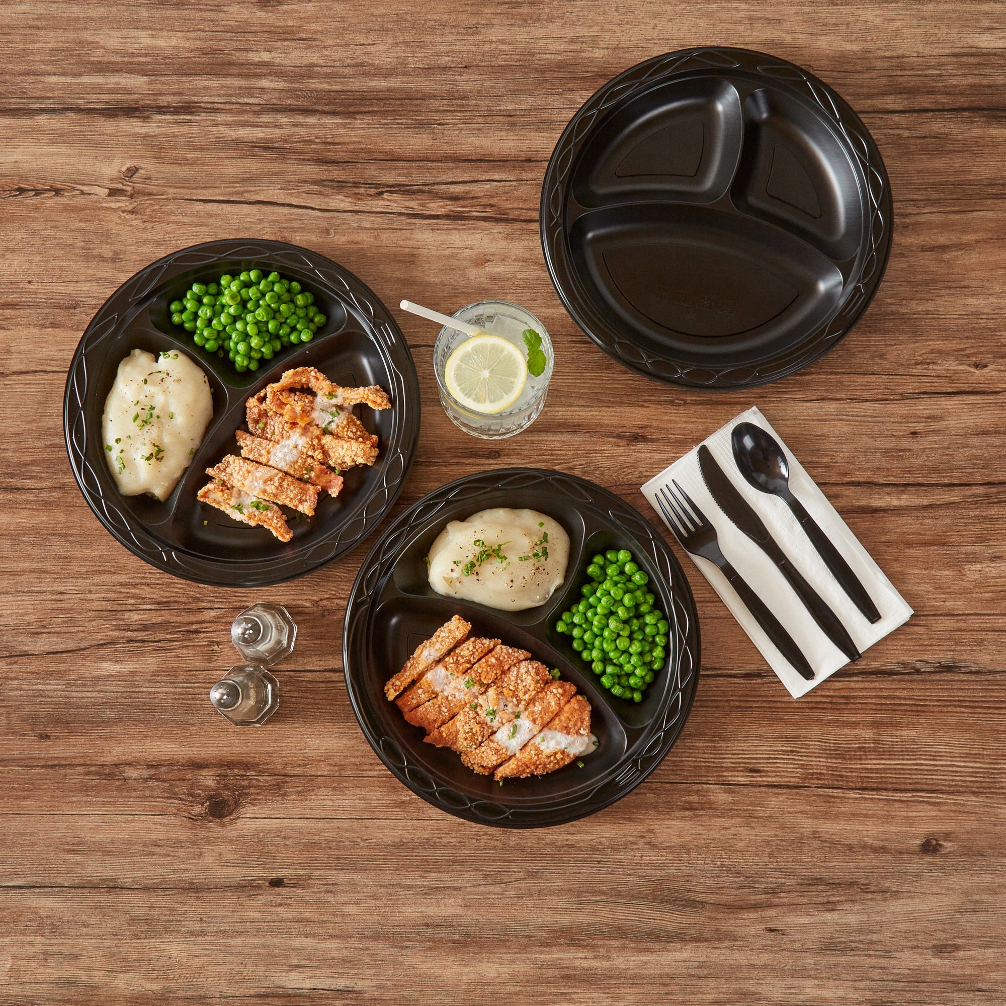 Chef 101 Round Black Plastic Plate - 3 Compartments, Microwavable - 10 1/4" x 10 1/4" x 1" - 50 count box