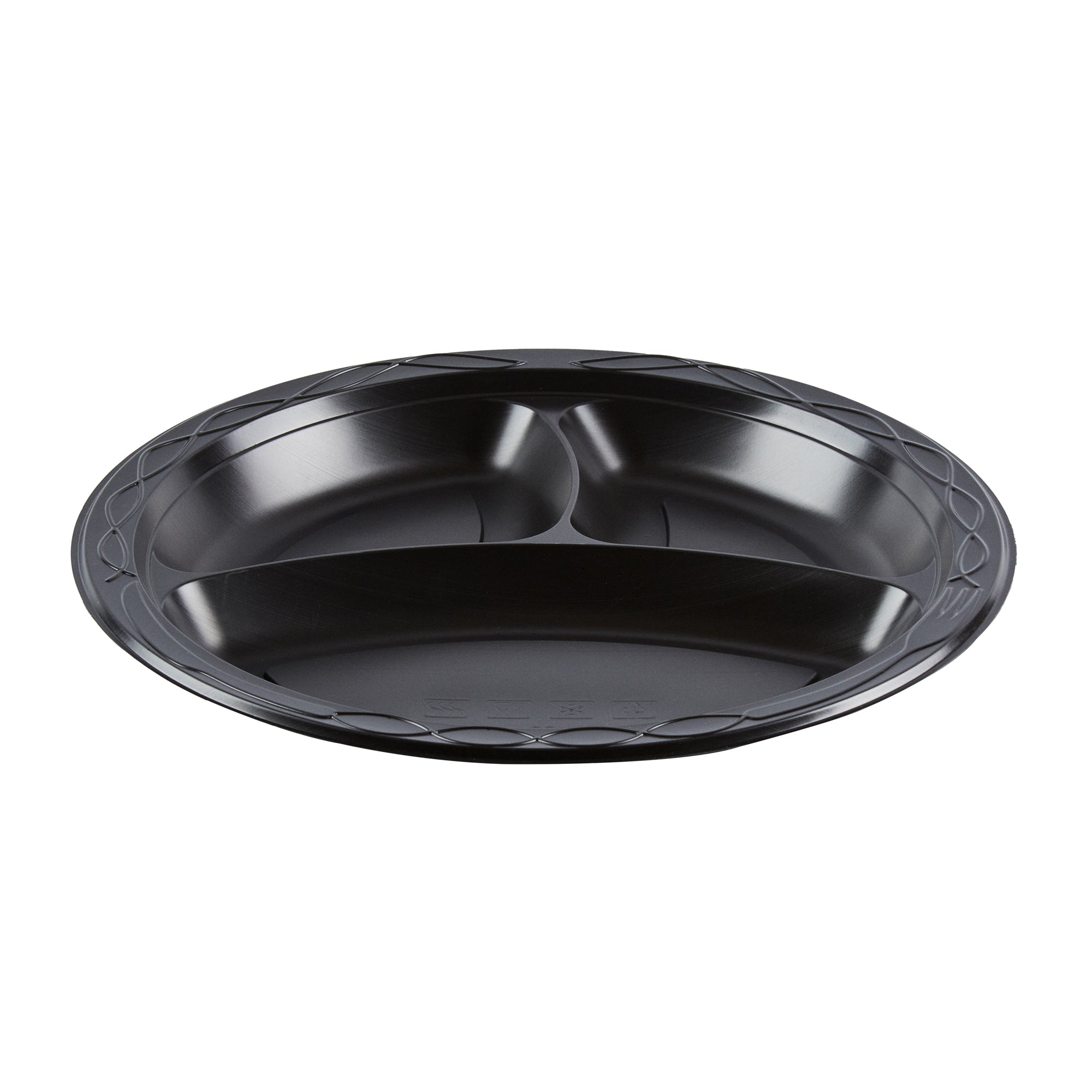 Chef 101 Round Black Plastic Plate - 3 Compartments, Microwavable - 10 1/4" x 10 1/4" x 1" - 100 count box