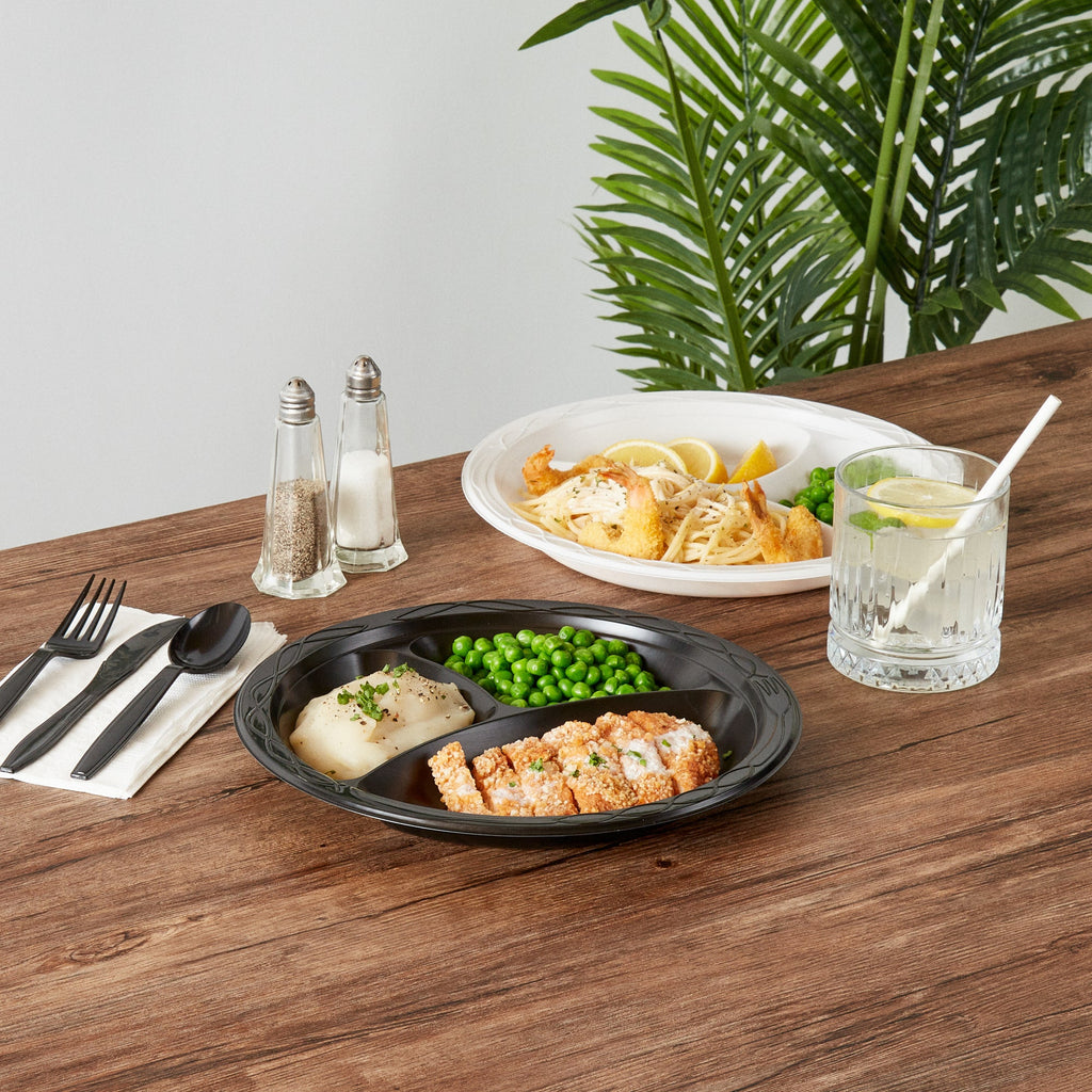 Chef 101 Round Black Plastic Plate - 3 Compartments, Microwavable - 10 1/4" x 10 1/4" x 1" - 100 count box