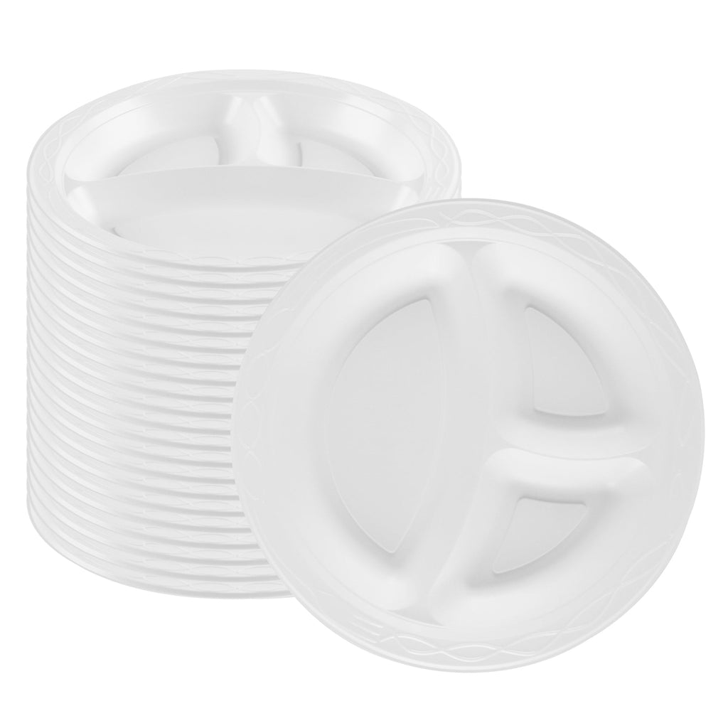 Chef 101 Round White Plastic Plate - 3 Compartments, Microwavable - 10 1/4" x 10 1/4" x 1" - 100 count box