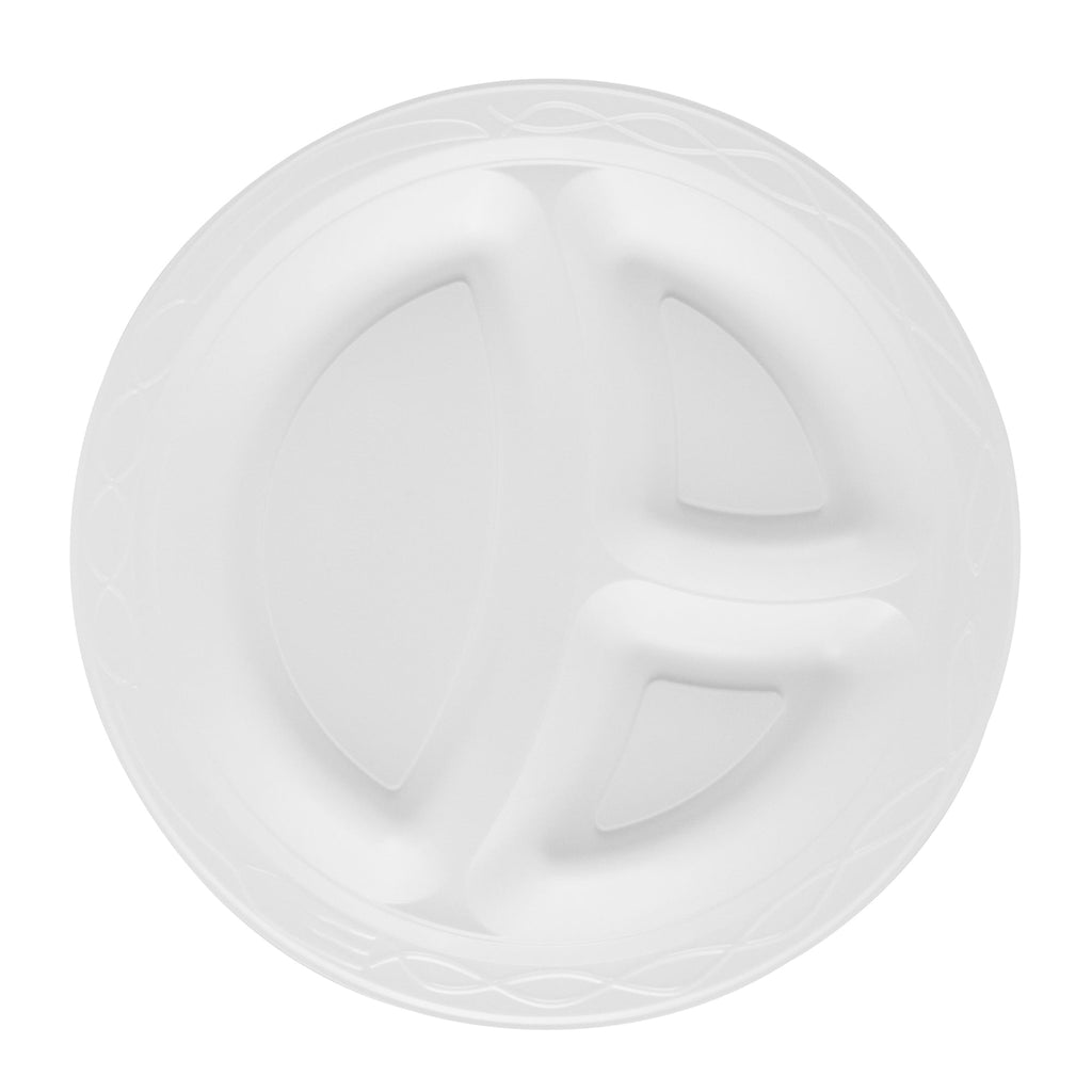 Chef 101 Round White Plastic Plate - 3 Compartments, Microwavable - 10 1/4" x 10 1/4" x 1" - 50 count box