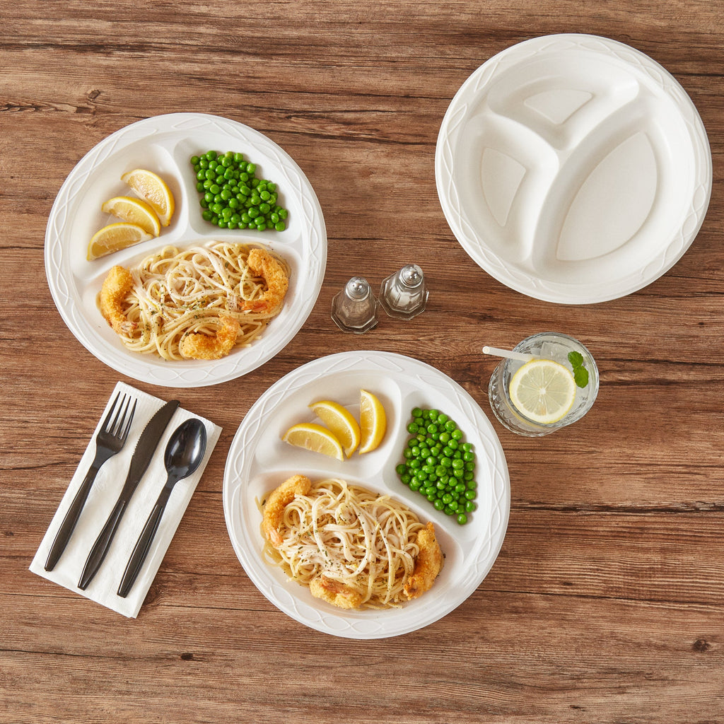 Chef 101 Round White Plastic Plate - 3 Compartments, Microwavable - 10 1/4" x 10 1/4" x 1" - 50 count box