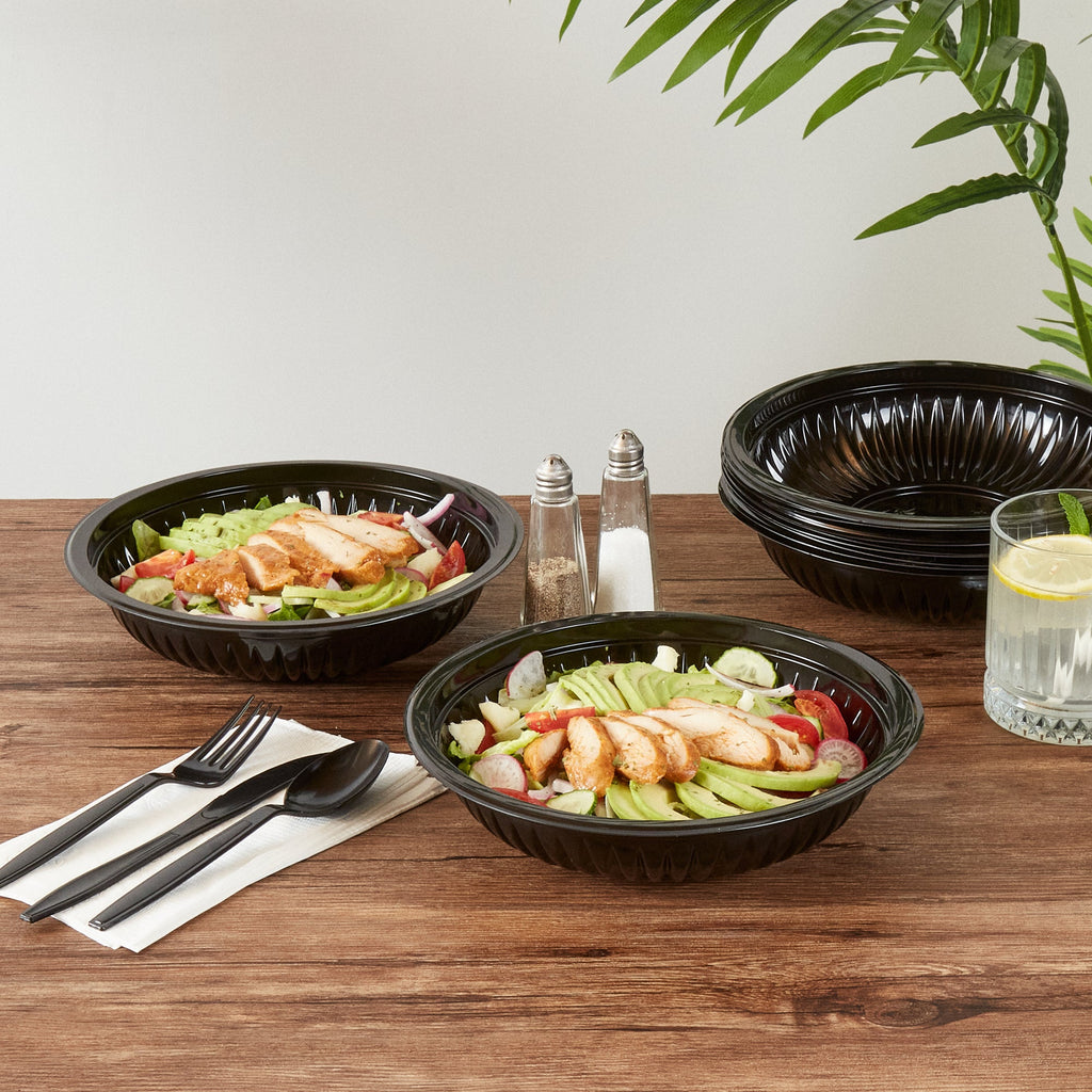 Chef 101 34 oz Round Black Plastic Bowl - Microwavable - 9" x 9" x 2" - 100 count box