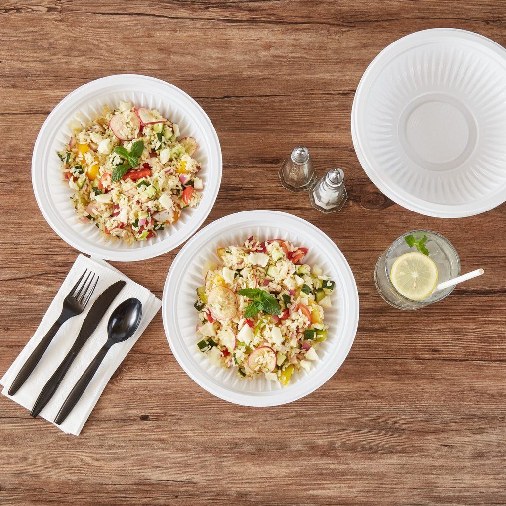 Chef 101 34 oz Round White Plastic Bowl - Microwavable - 9" x 9" x 2" - 100 count box