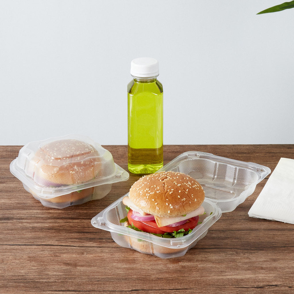 Chef 101 13 oz Square Clear Plastic Clamshell Container - Anti-Fog, Microwavable - 5 1/2" x 5 1/2" x 2 3/4" - 100 count box