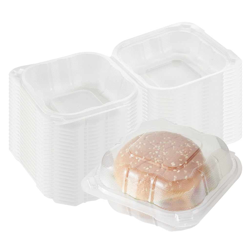 Chef 101 13 oz Square Clear Plastic Clamshell Container - Anti-Fog, Microwavable - 5 1/2" x 5 1/2" x 2 3/4" - 50 count box