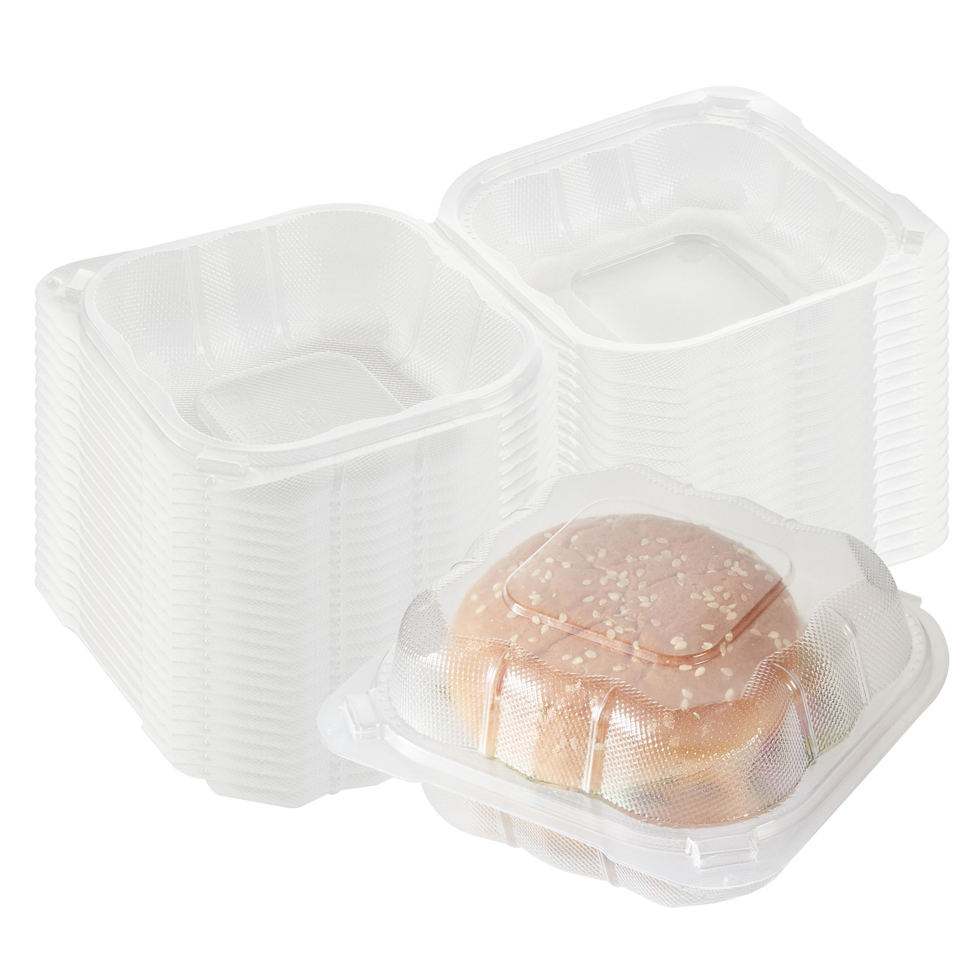 Chef 101 13 oz Square Clear Plastic Clamshell Container - Anti-Fog, Microwavable - 5 1/2" x 5 1/2" x 2 3/4" - 50 count box