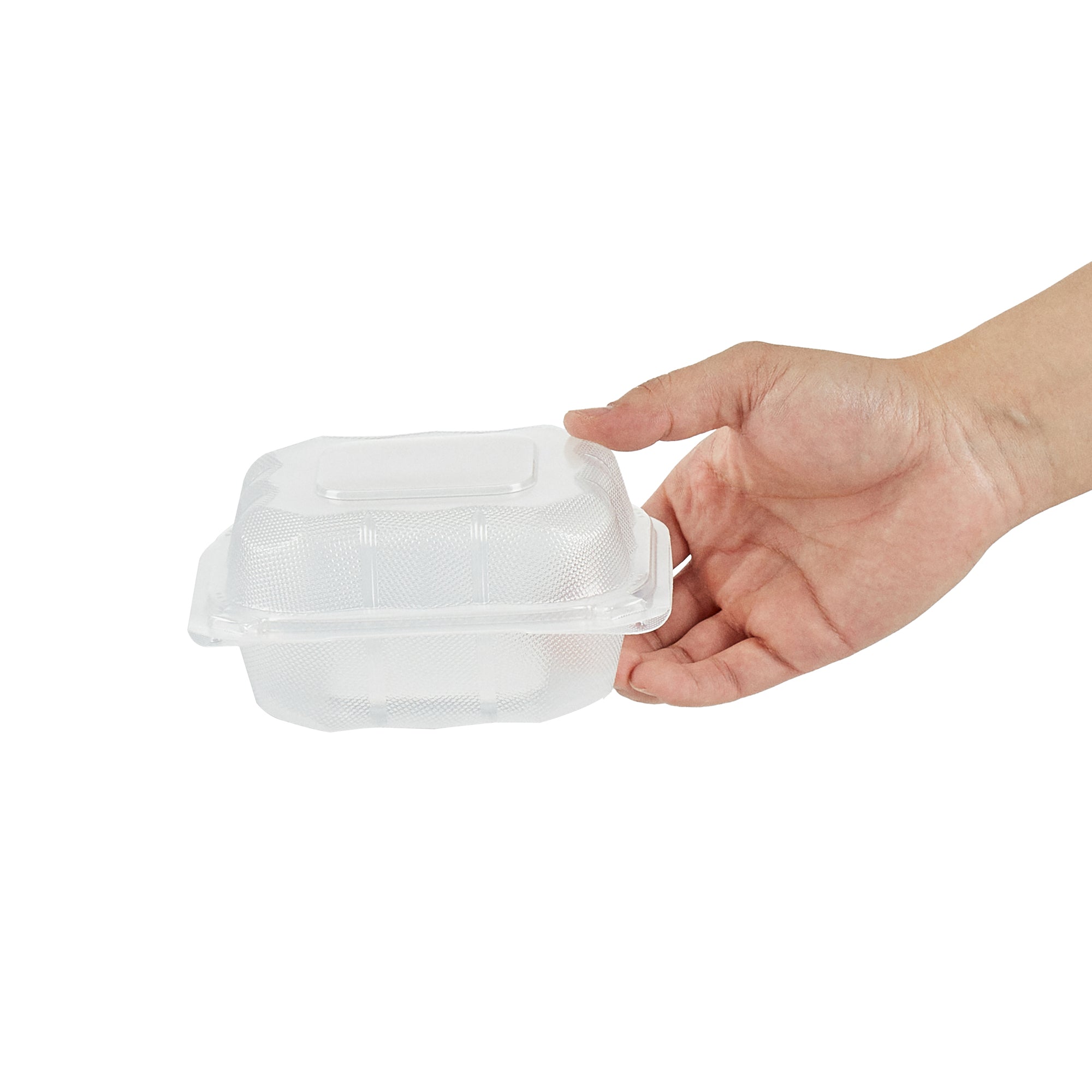 Chef 101 13 oz Square Clear Plastic Clamshell Container - Anti-Fog, Microwavable - 5 1/2" x 5 1/2" x 2 3/4" - 50 count box