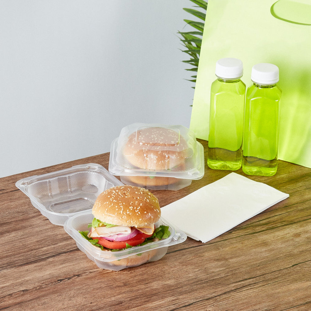 Chef 101 13 oz Square Clear Plastic Clamshell Container - Anti-Fog, Microwavable - 5 1/2" x 5 1/2" x 2 3/4" - 100 count box
