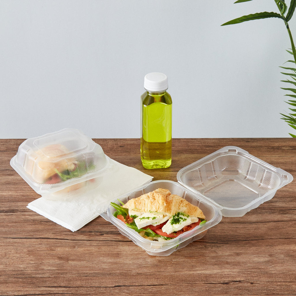 Chef 101 17 oz Square Clear Plastic Clamshell Container - Anti-Fog, Microwavable - 6" x 6" x 3" - 100 count box