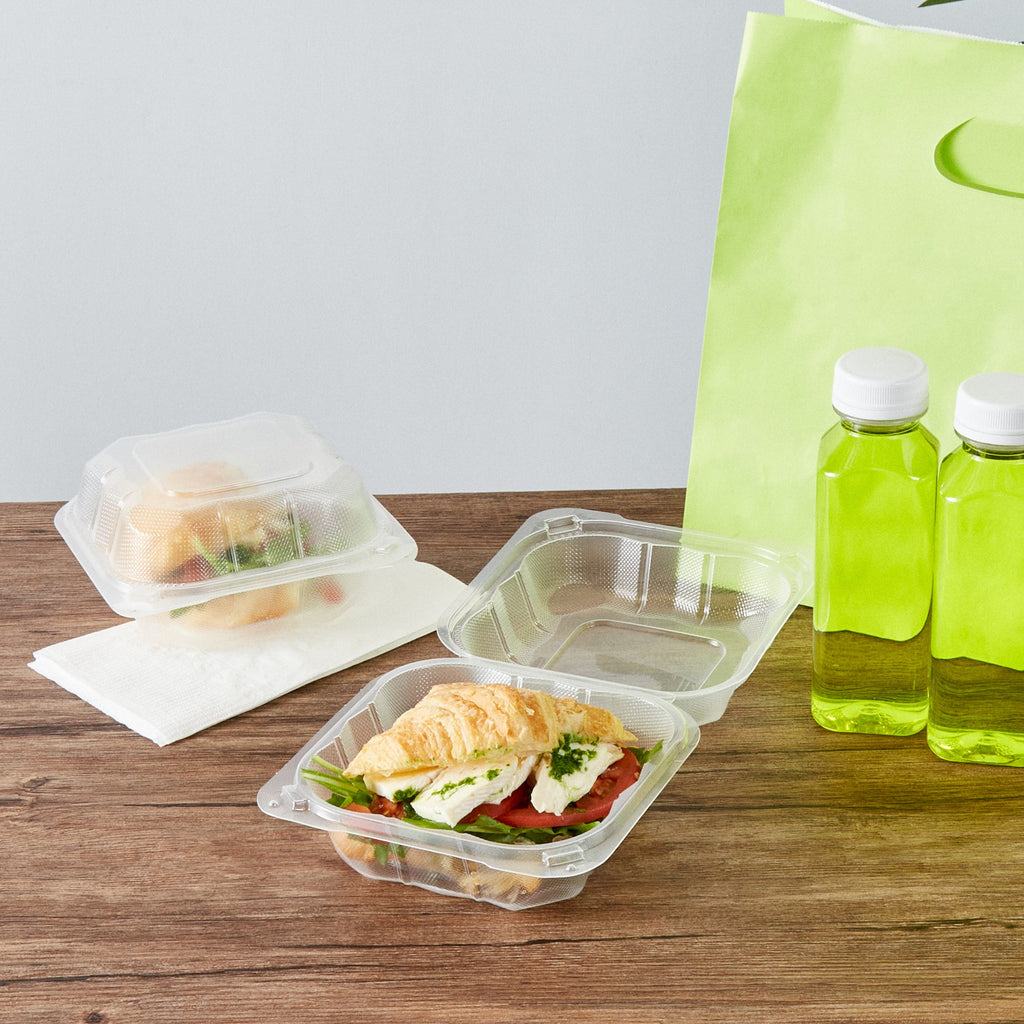 Chef 101 17 oz Square Clear Plastic Clamshell Container - Anti-Fog, Microwavable - 6" x 6" x 3" - 100 count box