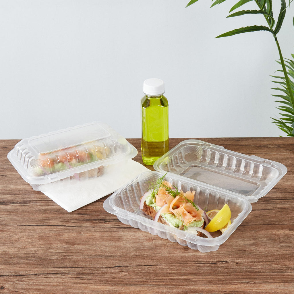Chef 101 29 oz Rectangle Clear Plastic Clamshell Container - Anti-Fog, Microwavable - 9" x 6" x 2 3/4" - 100 count box