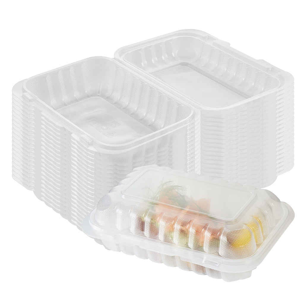 Chef 101 29 oz Rectangle Clear Plastic Clamshell Container - Anti-Fog, Microwavable - 9" x 6" x 2 3/4" - 50 count box