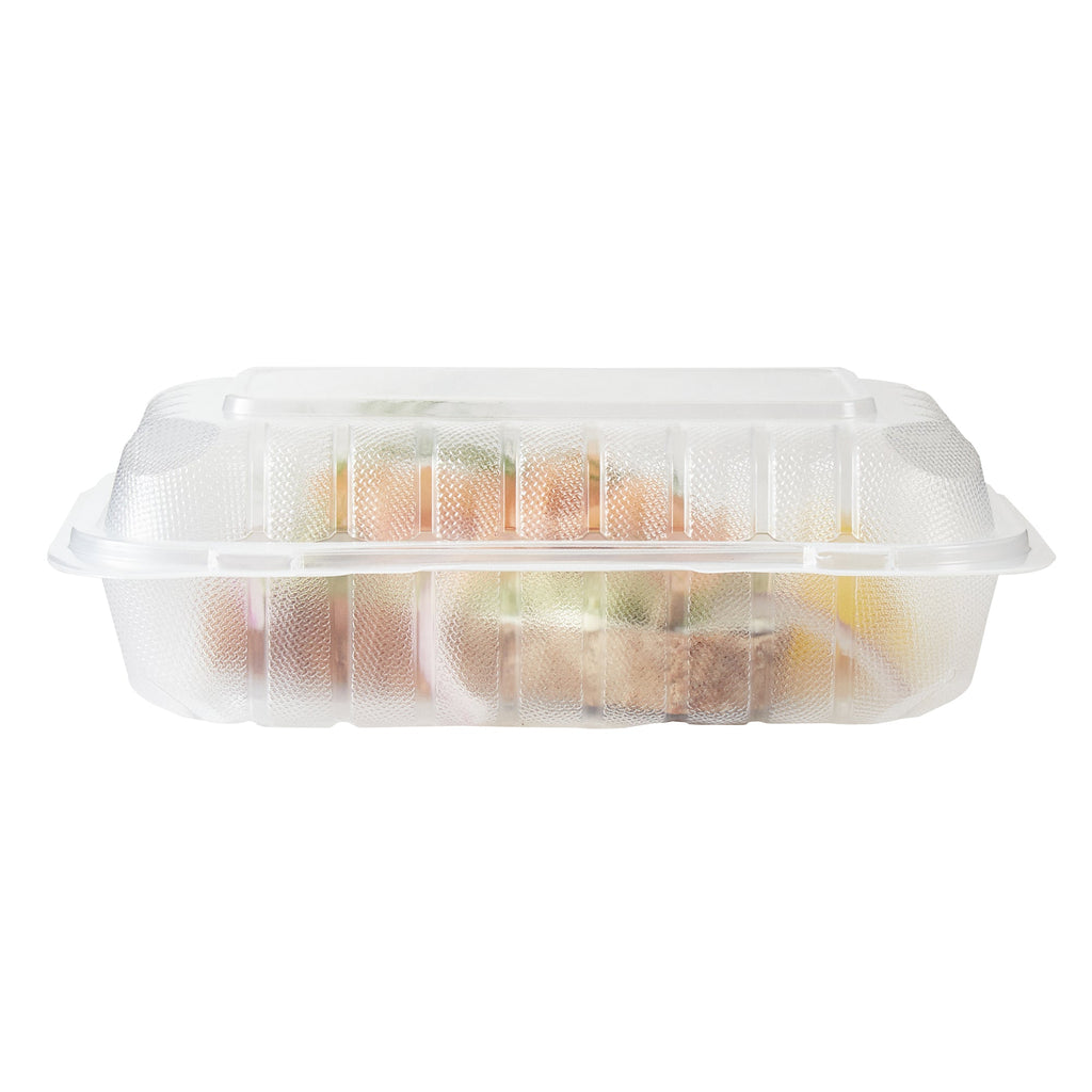 Chef 101 29 oz Rectangle Clear Plastic Clamshell Container - Anti-Fog, Microwavable - 9" x 6" x 2 3/4" - 50 count box