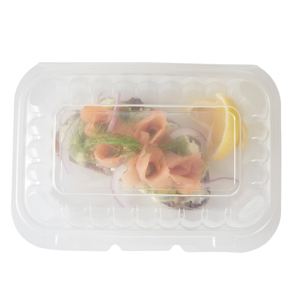 Chef 101 29 oz Rectangle Clear Plastic Clamshell Container - Anti-Fog, Microwavable - 9" x 6" x 2 3/4" - 50 count box