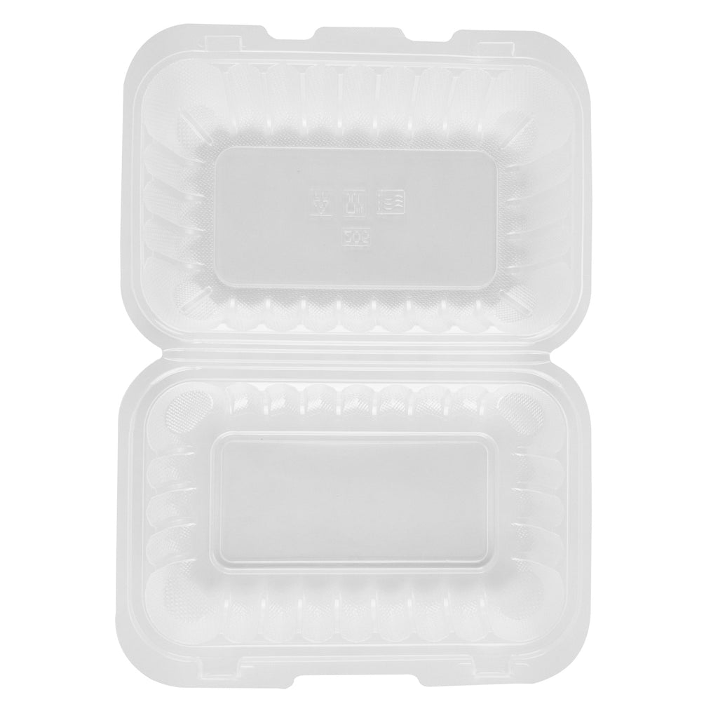 Chef 101 29 oz Rectangle Clear Plastic Clamshell Container - Anti-Fog, Microwavable - 9" x 6" x 2 3/4" - 50 count box
