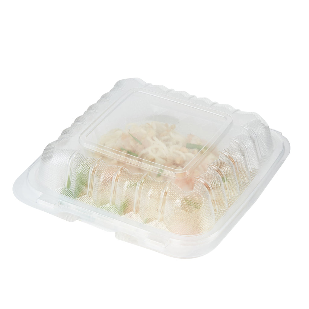 Chef 101 30 oz Square Clear Plastic Clamshell Container - Anti-Fog, Microwavable - 7 1/2" x 7 1/2" x 2 3/4" - 50 count box