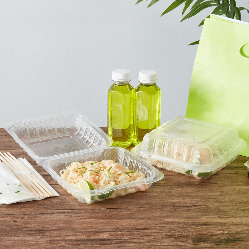 Chef 101 30 oz Square Clear Plastic Clamshell Container - Anti-Fog, Microwavable - 7 1/2" x 7 1/2" x 2 3/4" - 100 count box