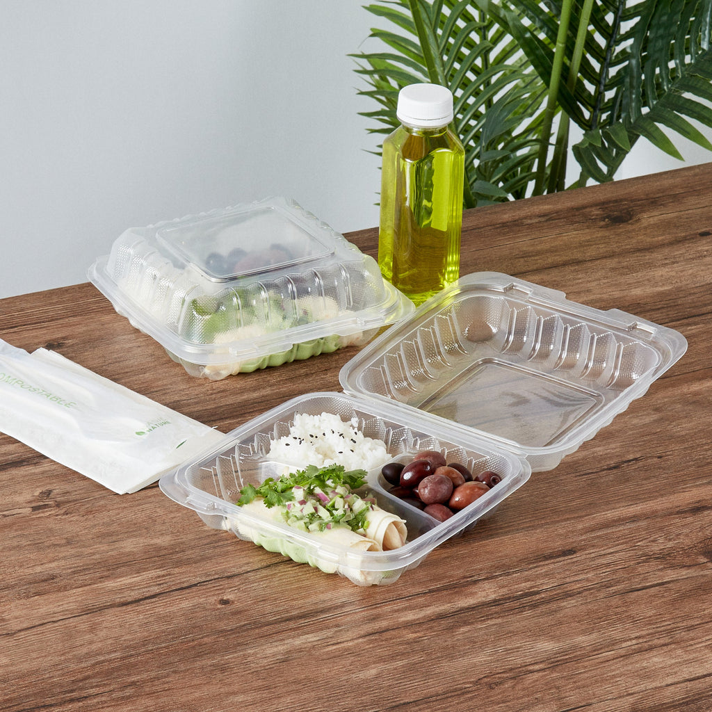 Chef 101 30 oz Square Clear Plastic Clamshell Container - 3 Compartments, Microwavable - 7 1/2" x 7 1/2" x 2 3/4" - 100 count box