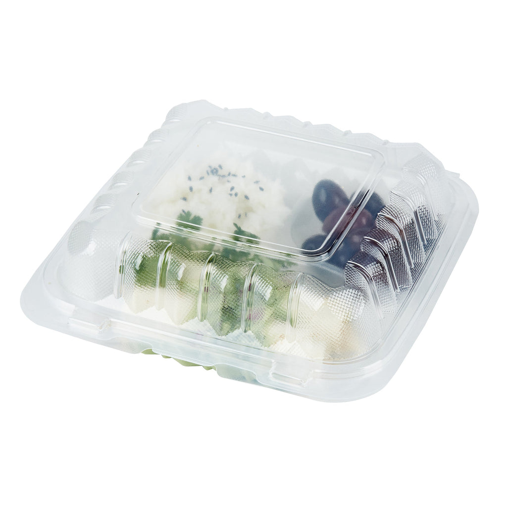 Chef 101 30 oz Square Clear Plastic Clamshell Container - 3 Compartments, Microwavable - 7 1/2" x 7 1/2" x 2 3/4" - 50 count box