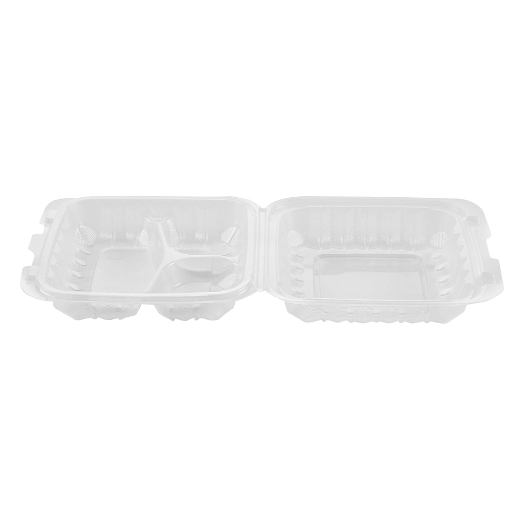 Chef 101 30 oz Square Clear Plastic Clamshell Container - 3 Compartments, Microwavable - 7 1/2" x 7 1/2" x 2 3/4" - 50 count box