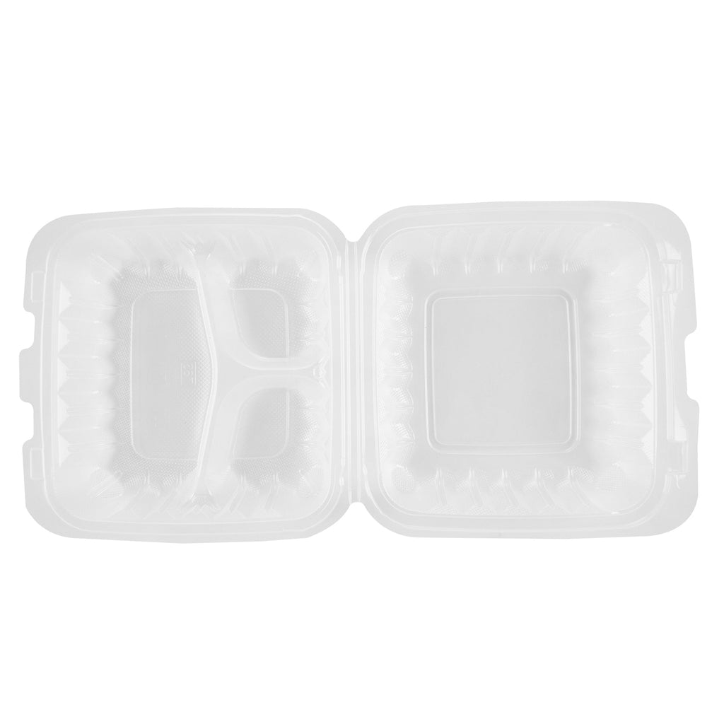 Chef 101 30 oz Square Clear Plastic Clamshell Container - 3 Compartments, Microwavable - 7 1/2" x 7 1/2" x 2 3/4" - 50 count box