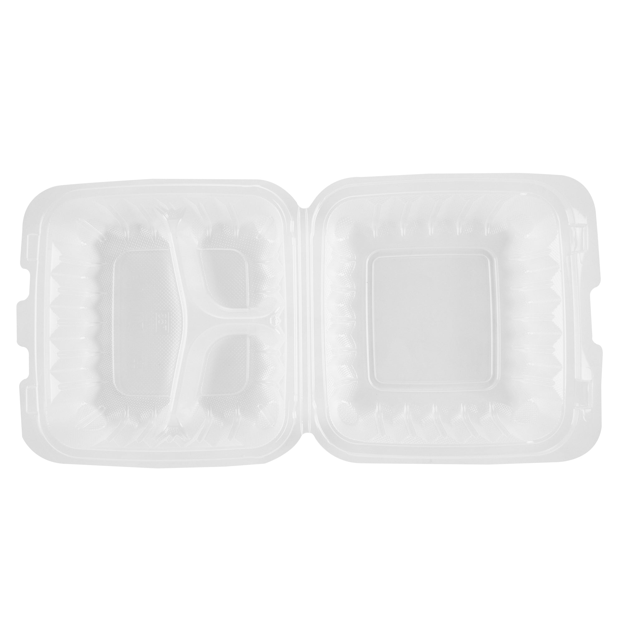 Chef 101 30 oz Square Clear Plastic Clamshell Container - 3 Compartments, Microwavable - 7 1/2" x 7 1/2" x 2 3/4" - 50 count box