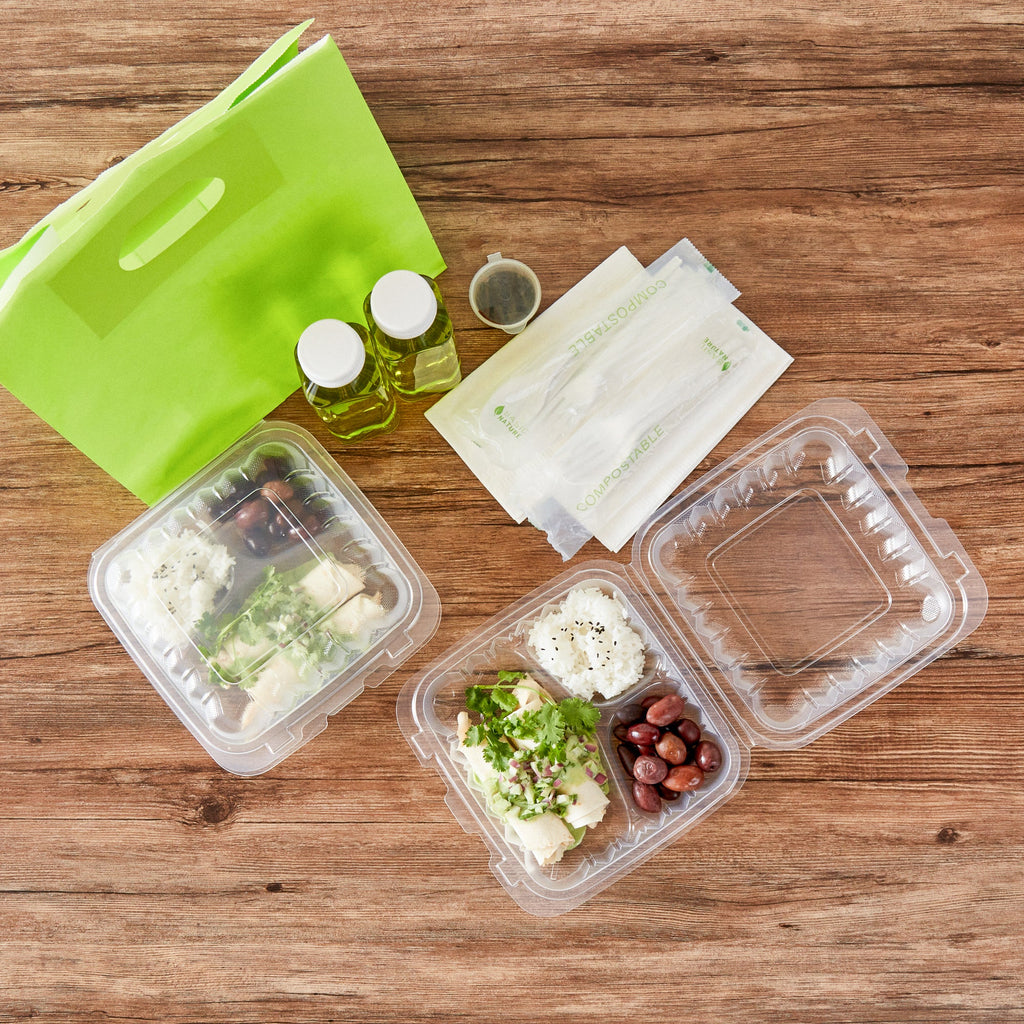 Chef 101 30 oz Square Clear Plastic Clamshell Container - 3 Compartments, Microwavable - 7 1/2" x 7 1/2" x 2 3/4" - 50 count box