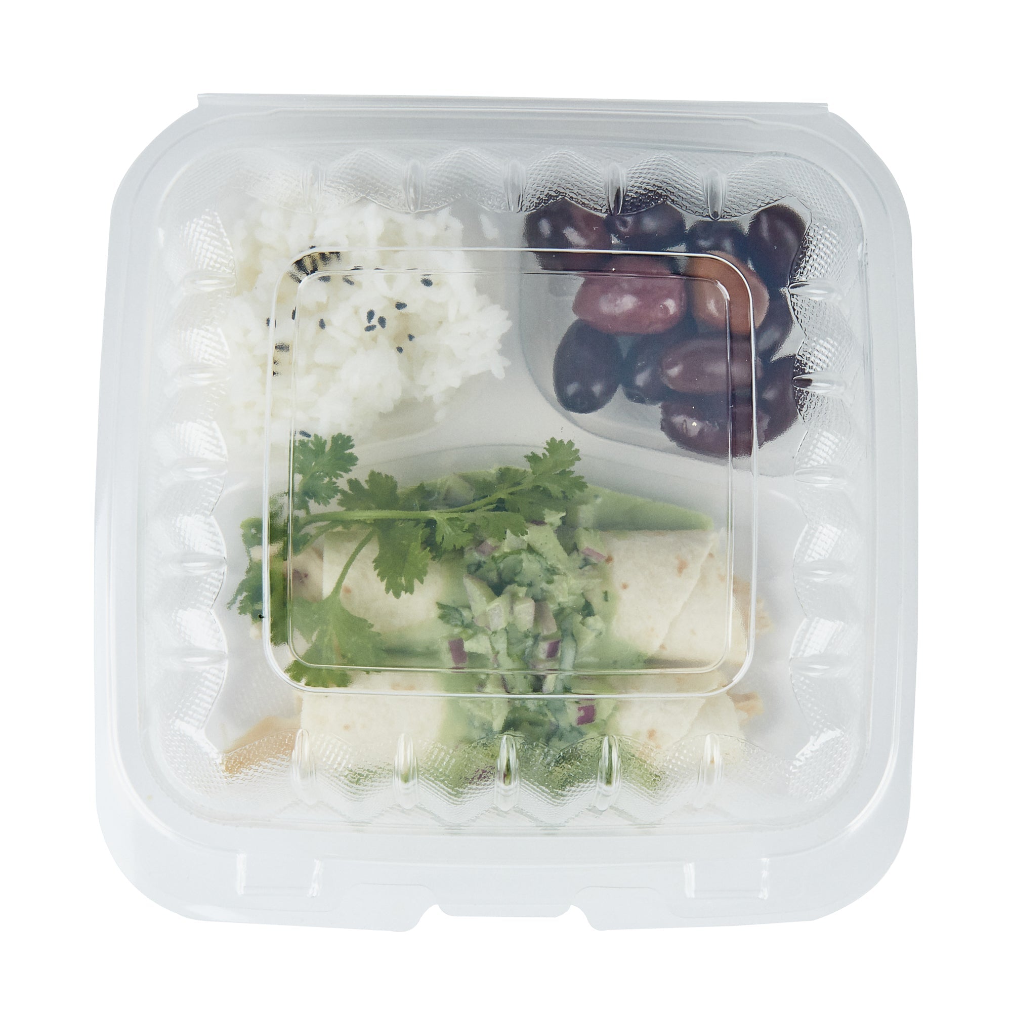 Chef 101 30 oz Square Clear Plastic Clamshell Container - 3 Compartments, Microwavable - 7 1/2" x 7 1/2" x 2 3/4" - 100 count box
