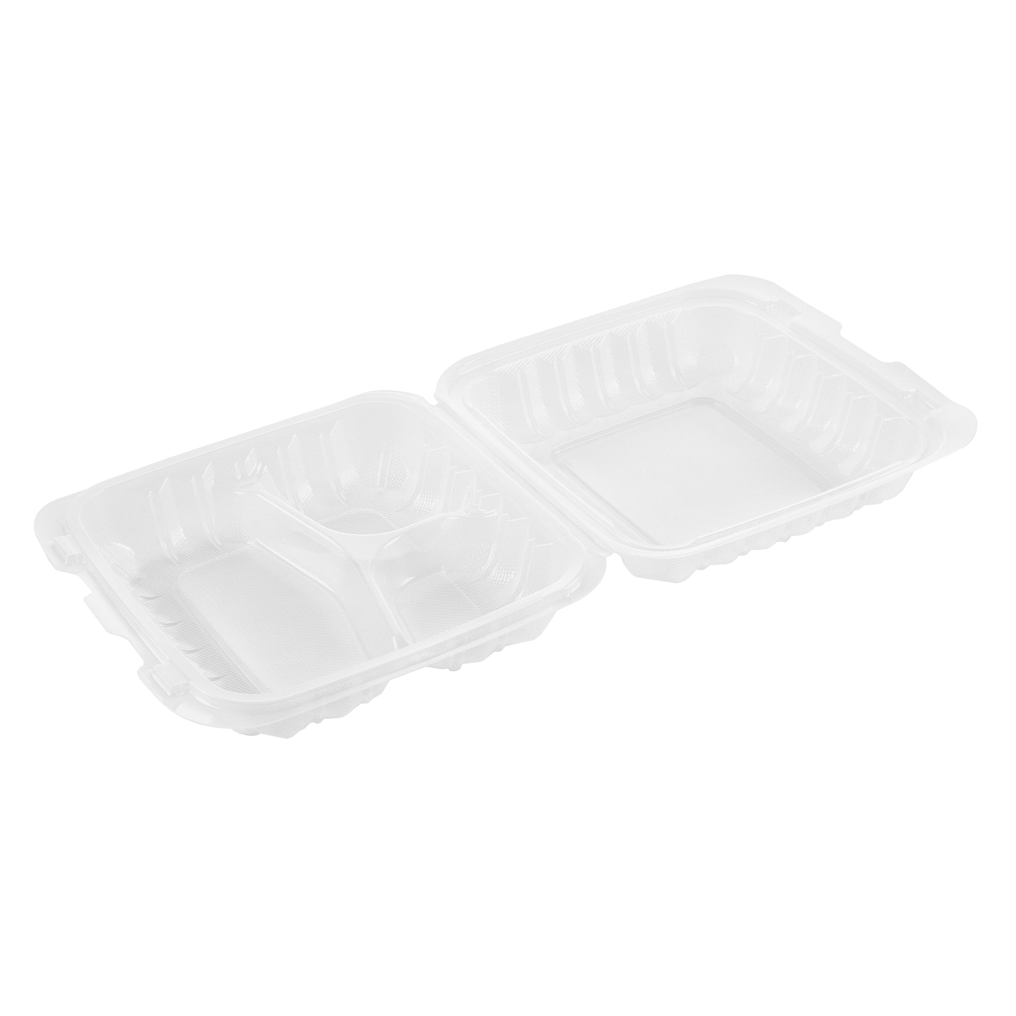 Chef 101 30 oz Square Clear Plastic Clamshell Container - 3 Compartments, Microwavable - 7 1/2" x 7 1/2" x 2 3/4" - 100 count box