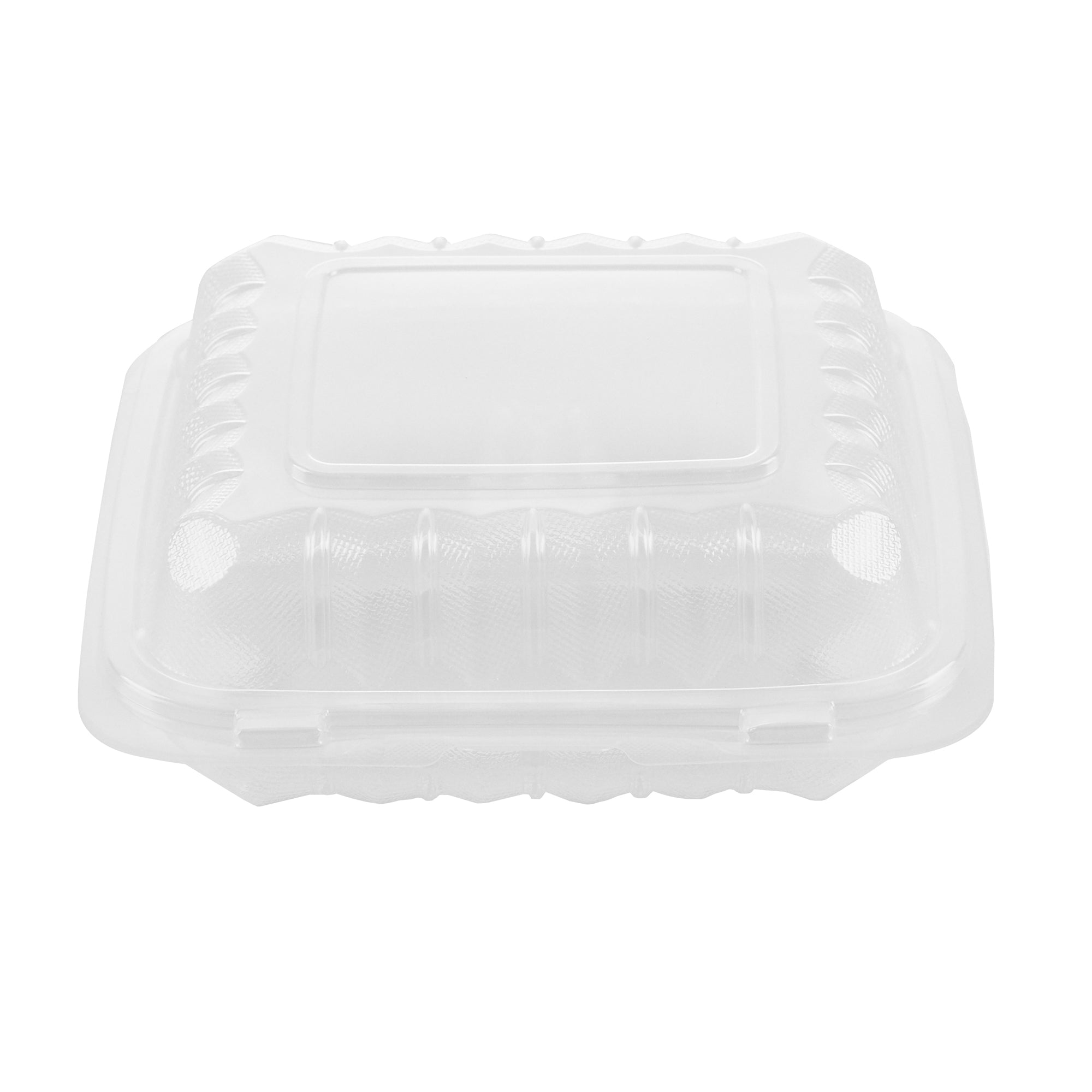 Chef 101 30 oz Square Clear Plastic Clamshell Container - 3 Compartments, Microwavable - 7 1/2" x 7 1/2" x 2 3/4" - 100 count box