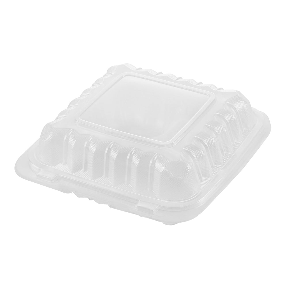 Chef 101 30 oz Square Clear Plastic Clamshell Container - 3 Compartments, Microwavable - 7 1/2" x 7 1/2" x 2 3/4" - 100 count box