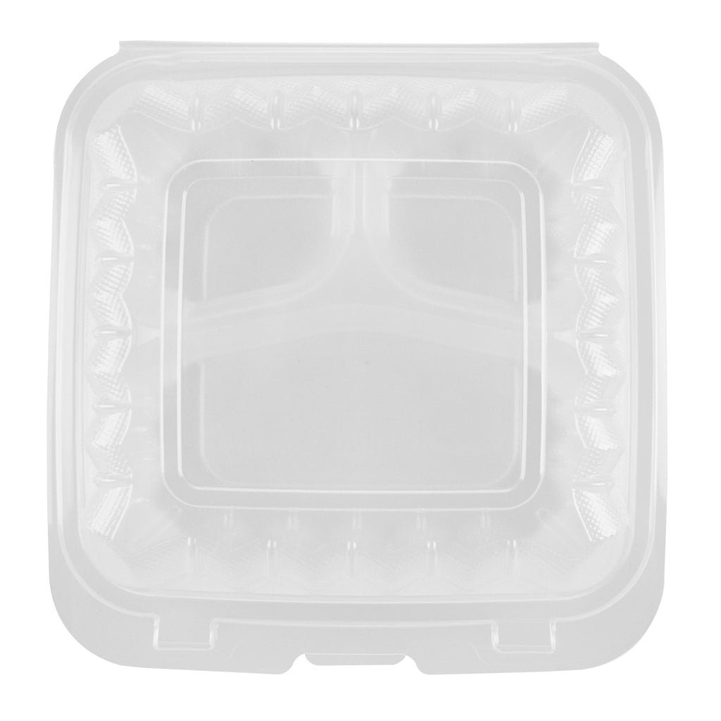 Chef 101 30 oz Square Clear Plastic Clamshell Container - 3 Compartments, Microwavable - 7 1/2" x 7 1/2" x 2 3/4" - 100 count box