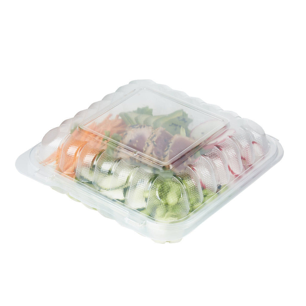 Chef 101 34 oz Square Clear Plastic Clamshell Container - Microwavable - 8" x 8" x 3" - 50 count box