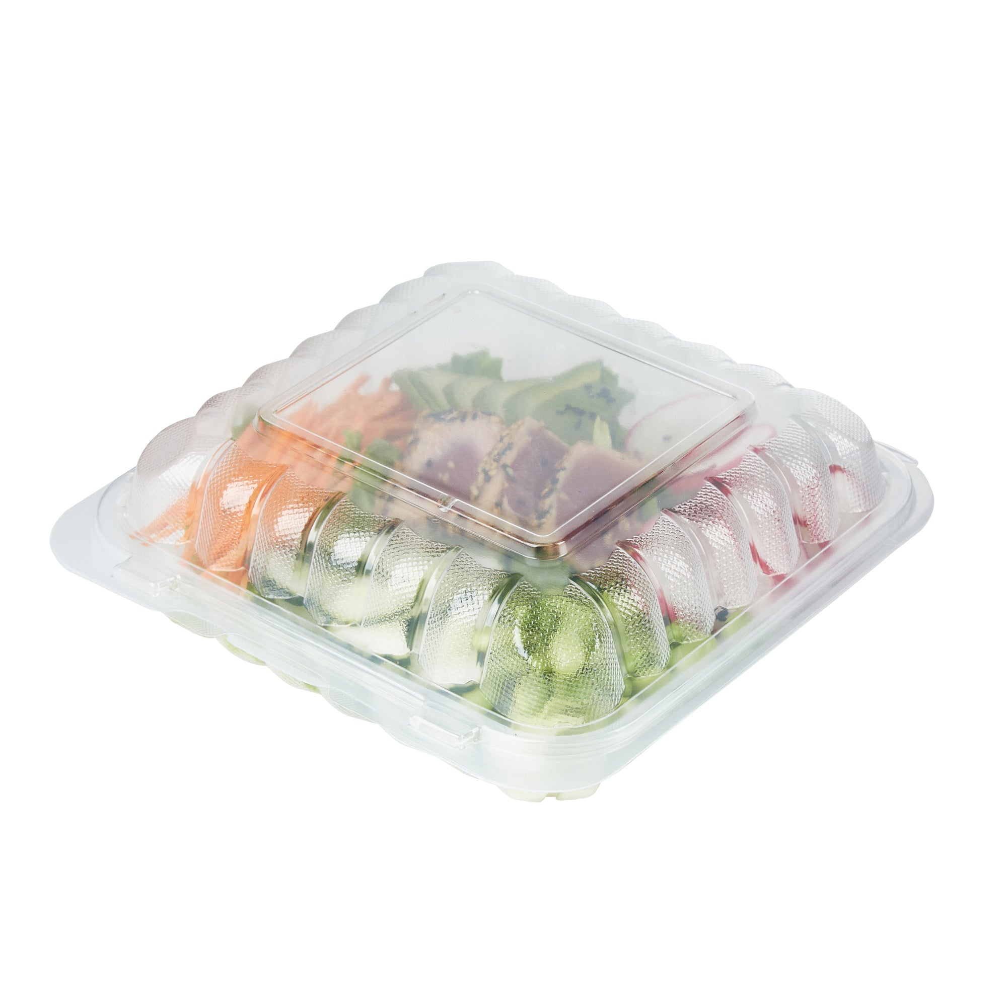 Chef 101 34 oz Square Clear Plastic Clamshell Container - Microwavable - 8" x 8" x 3" - 50 count box