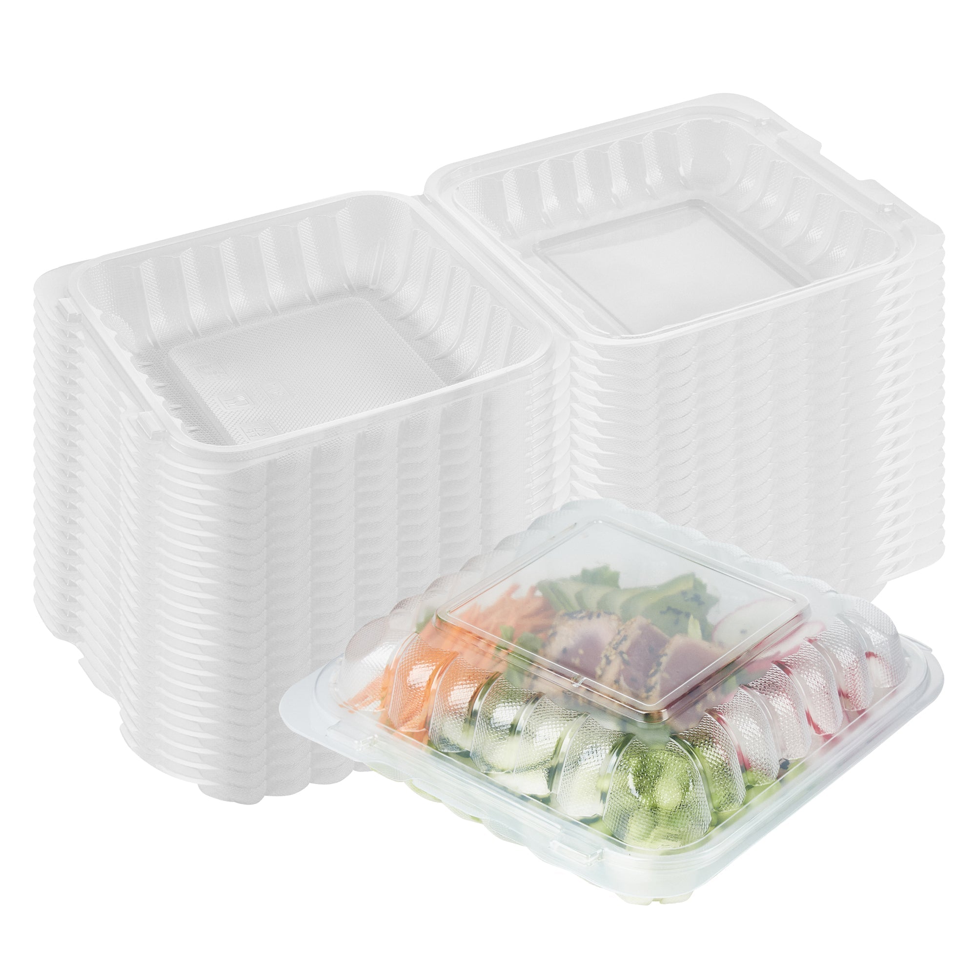 Chef 101 34 oz Square Clear Plastic Clamshell Container - Microwavable - 8" x 8" x 3" - 50 count box