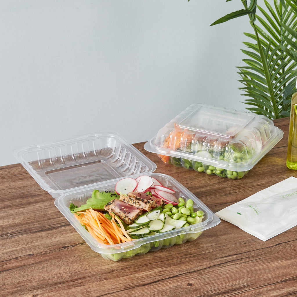 Chef 101 34 oz Square Clear Plastic Clamshell Container - Microwavable - 8" x 8" x 3" - 50 count box