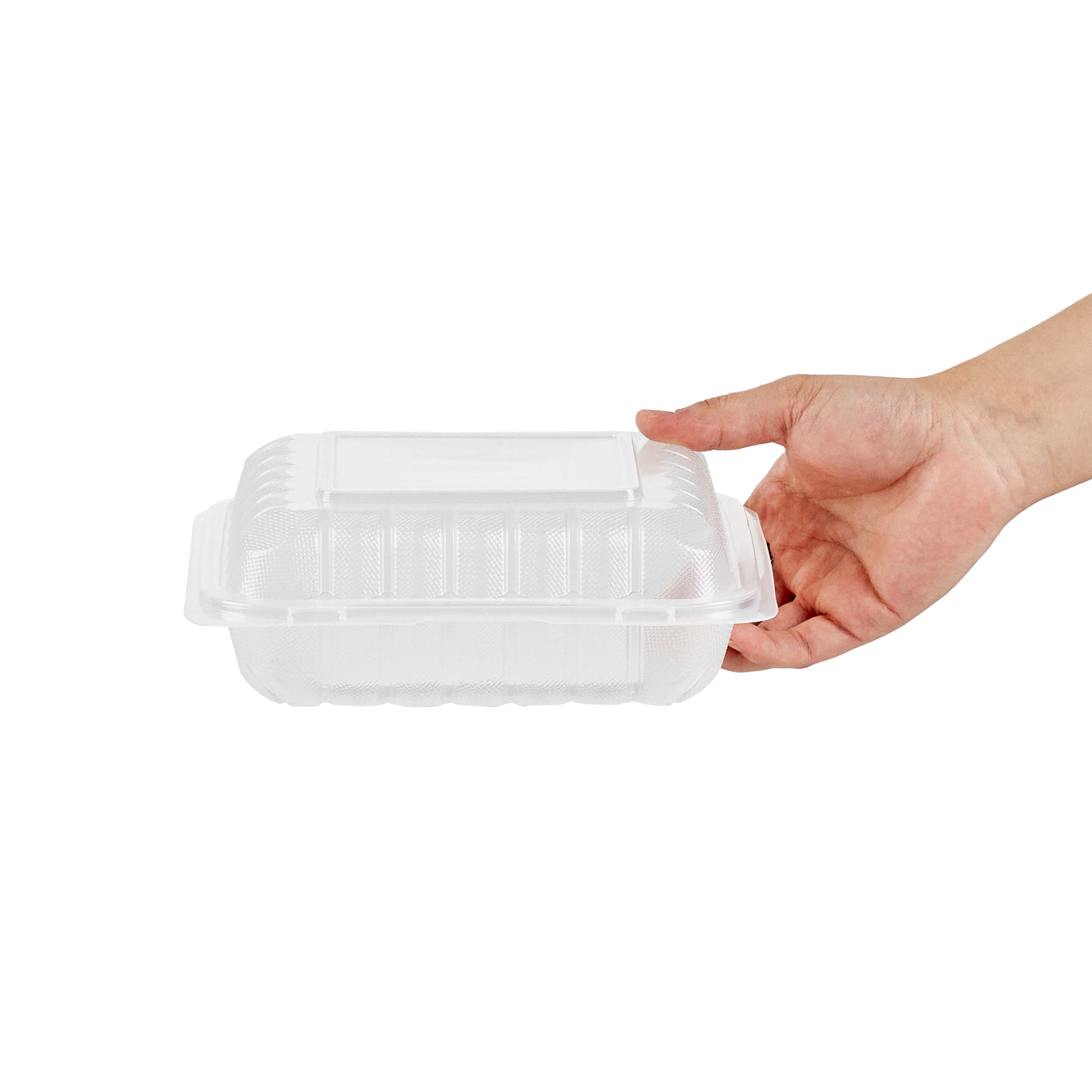 Chef 101 34 oz Square Clear Plastic Clamshell Container - Microwavable - 8" x 8" x 3" - 50 count box