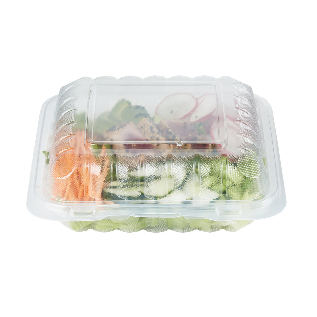 Chef 101 34 oz Square Clear Plastic Clamshell Container - Microwavable - 8" x 8" x 3" - 50 count box