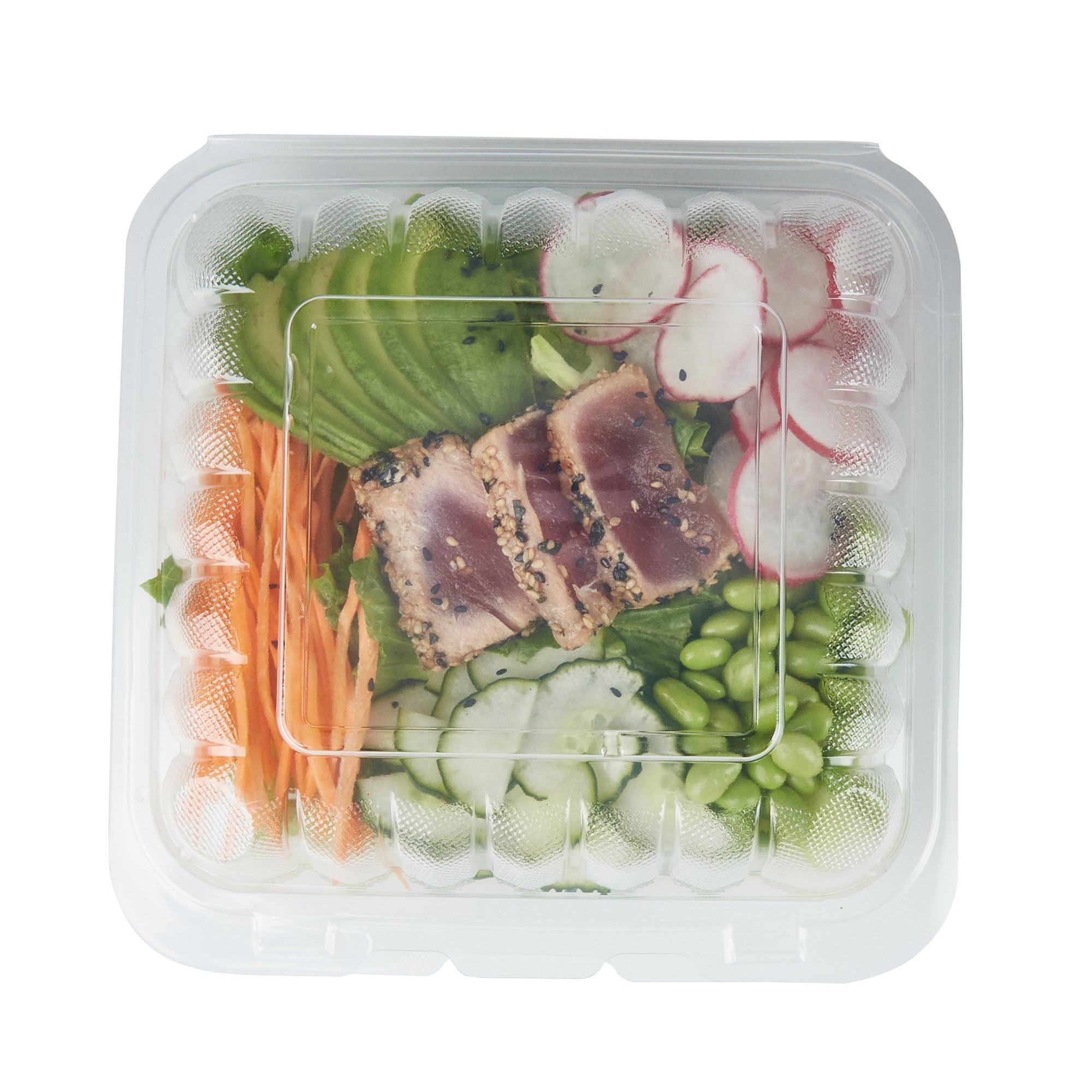 Chef 101 34 oz Square Clear Plastic Clamshell Container - Microwavable - 8" x 8" x 3" - 50 count box