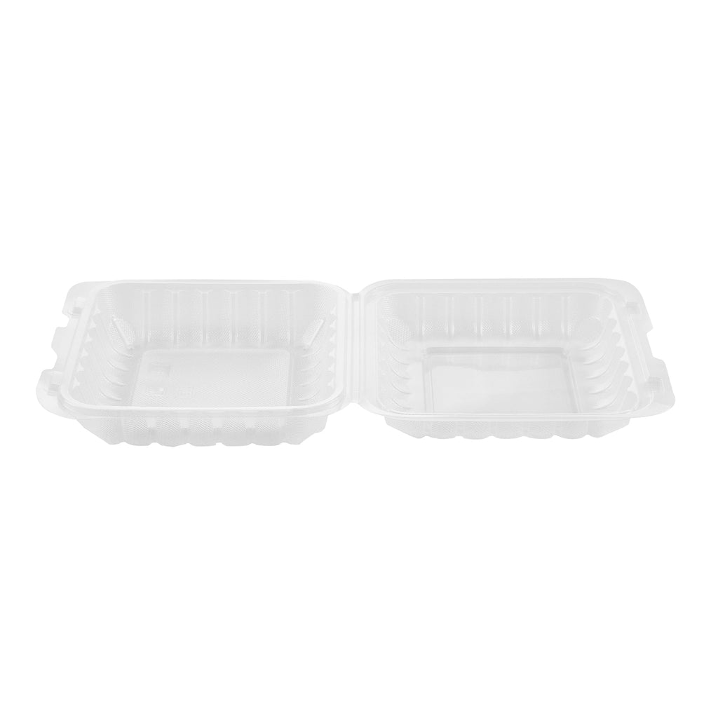Chef 101 34 oz Square Clear Plastic Clamshell Container - Microwavable - 8" x 8" x 3" - 50 count box