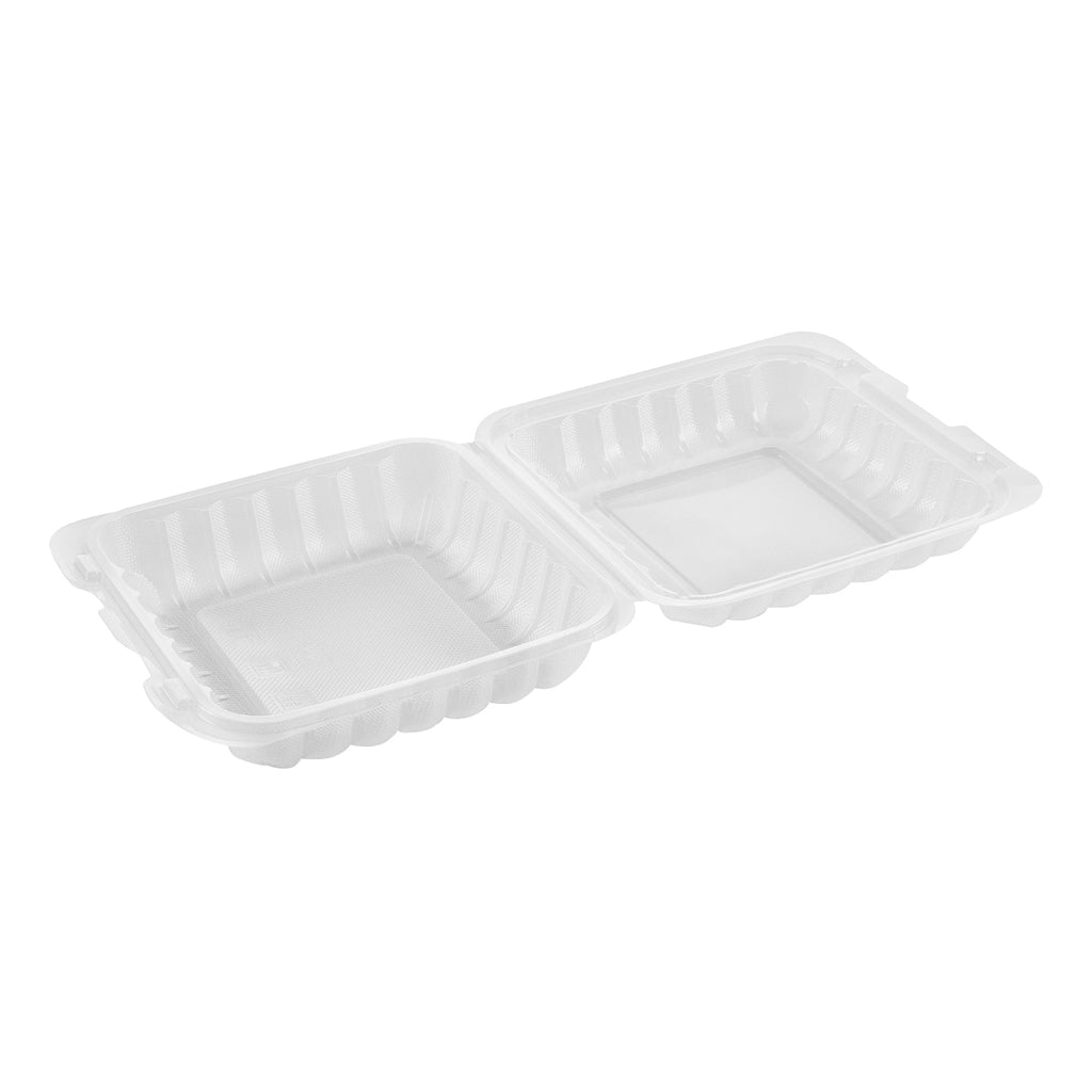 Chef 101 34 oz Square Clear Plastic Clamshell Container - Microwavable - 8" x 8" x 3" - 50 count box
