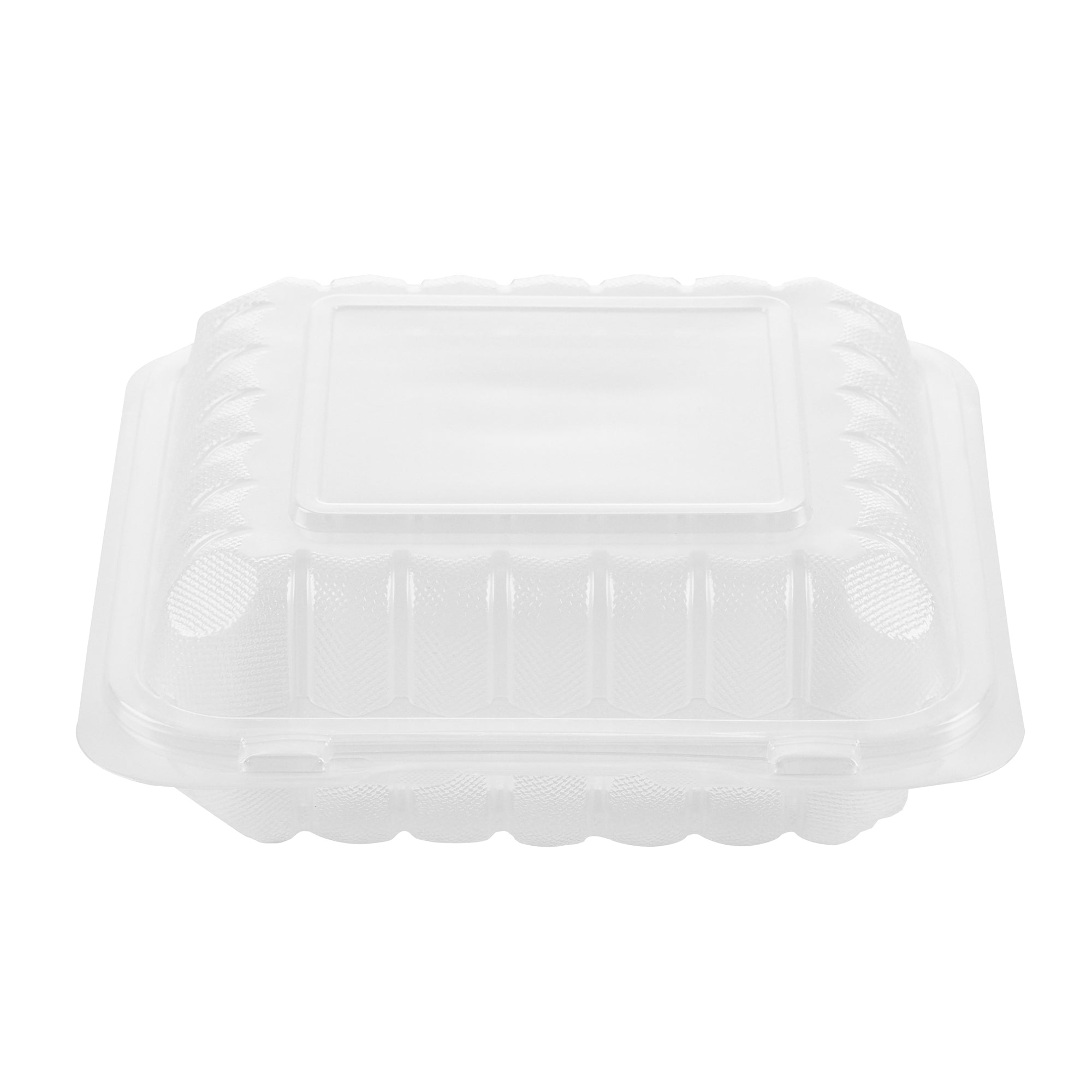 Chef 101 34 oz Square Clear Plastic Clamshell Container - Microwavable - 8" x 8" x 3" - 50 count box