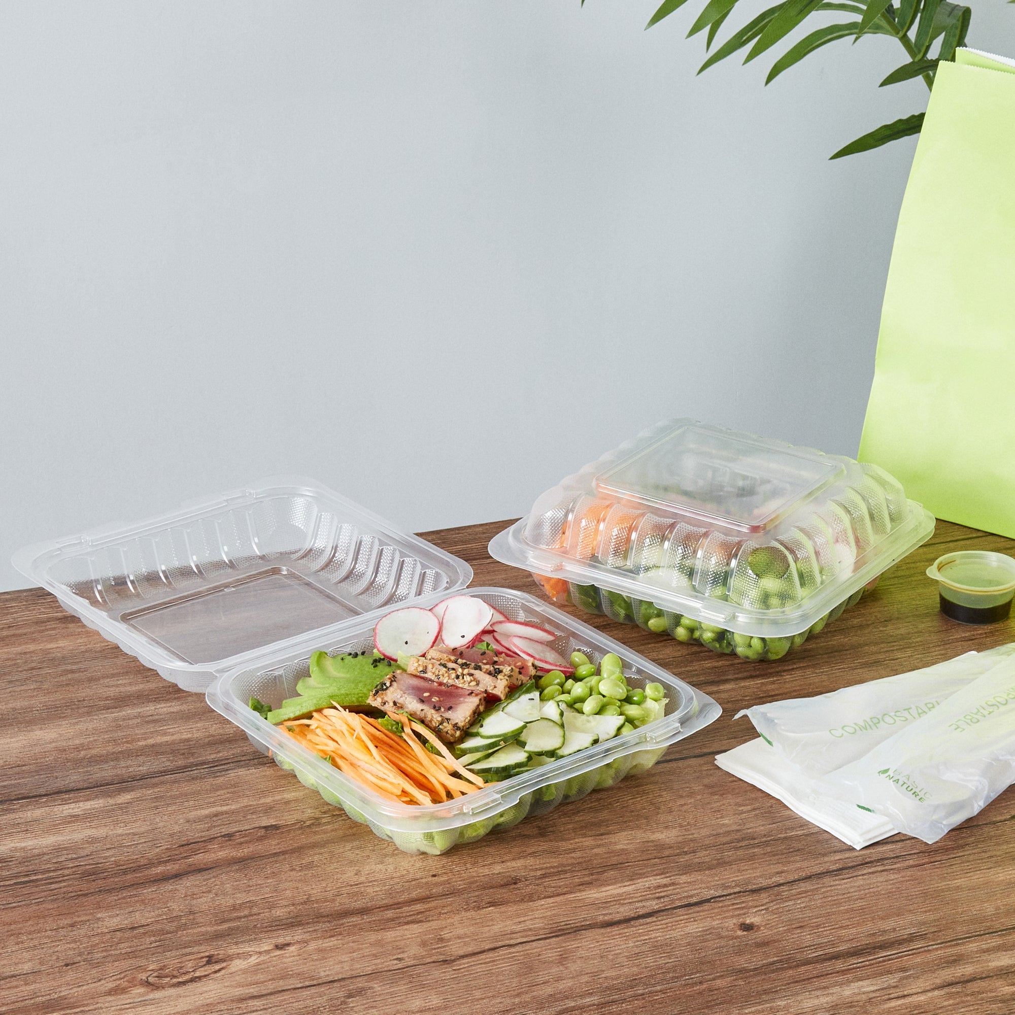 Chef 101 34 oz Square Clear Plastic Clamshell Container - Microwavable - 8" x 8" x 3" - 50 count box