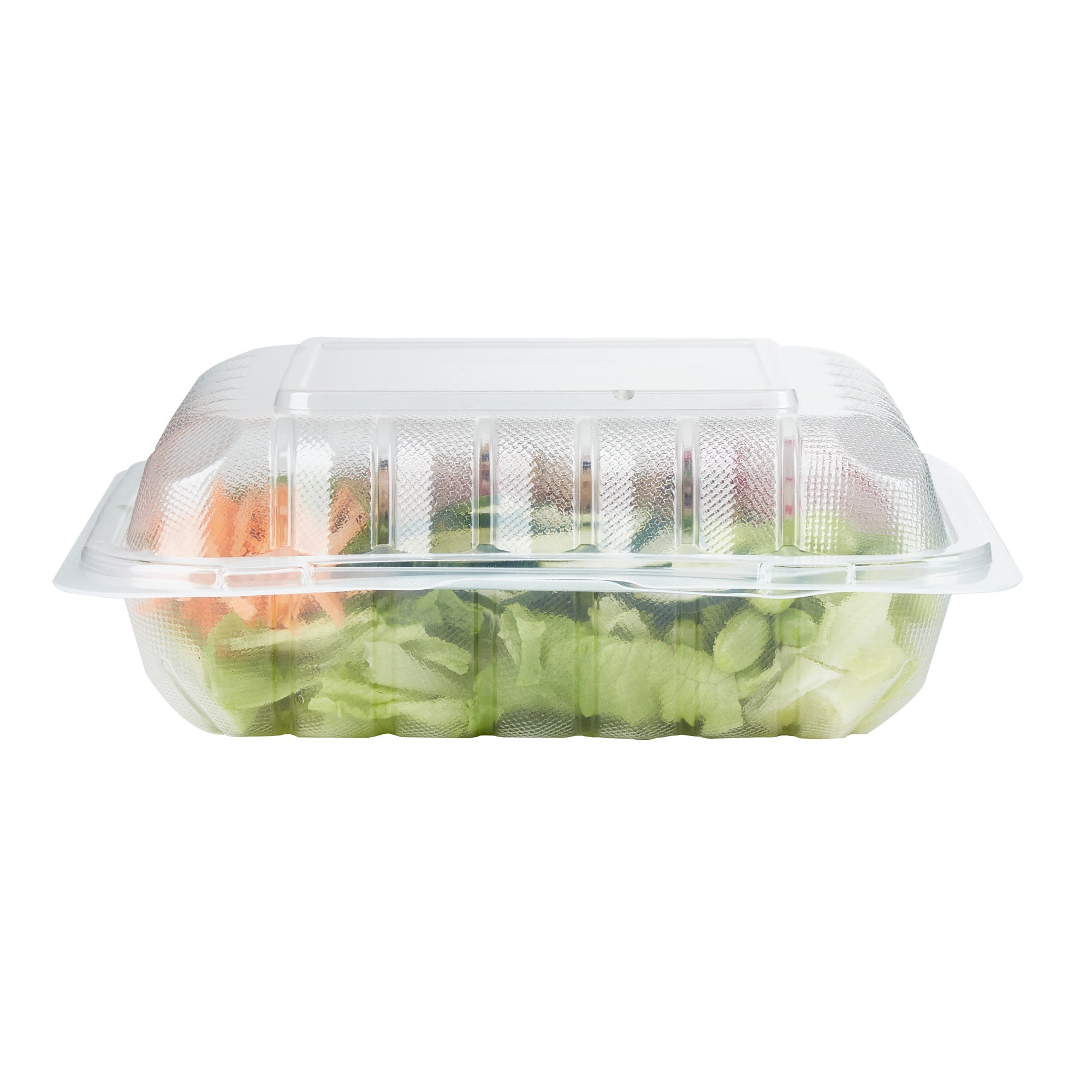 Chef 101 34 oz Square Clear Plastic Clamshell Container - Microwavable - 8" x 8" x 3" - 100 count box