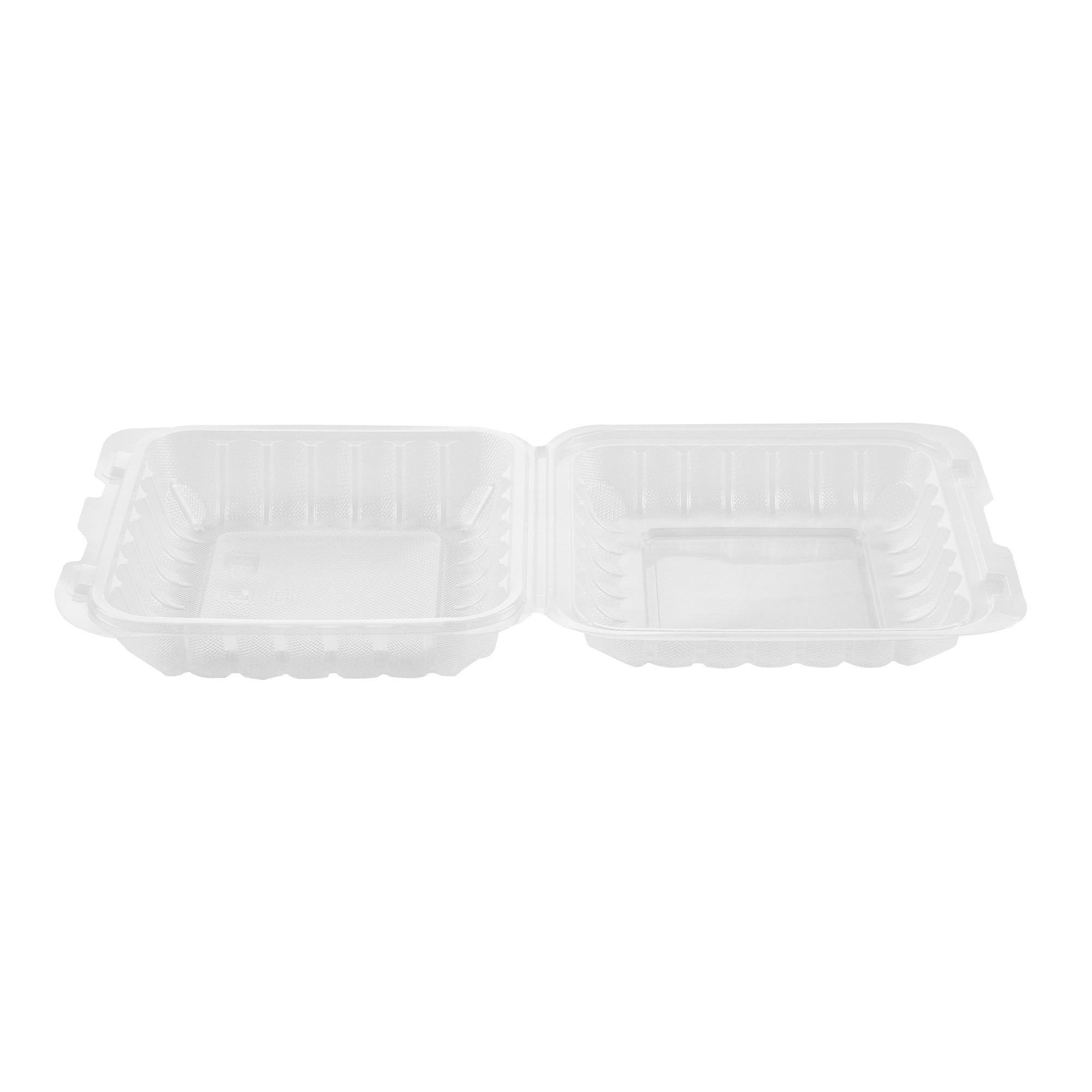 Chef 101 34 oz Square Clear Plastic Clamshell Container - Microwavable - 8" x 8" x 3" - 100 count box