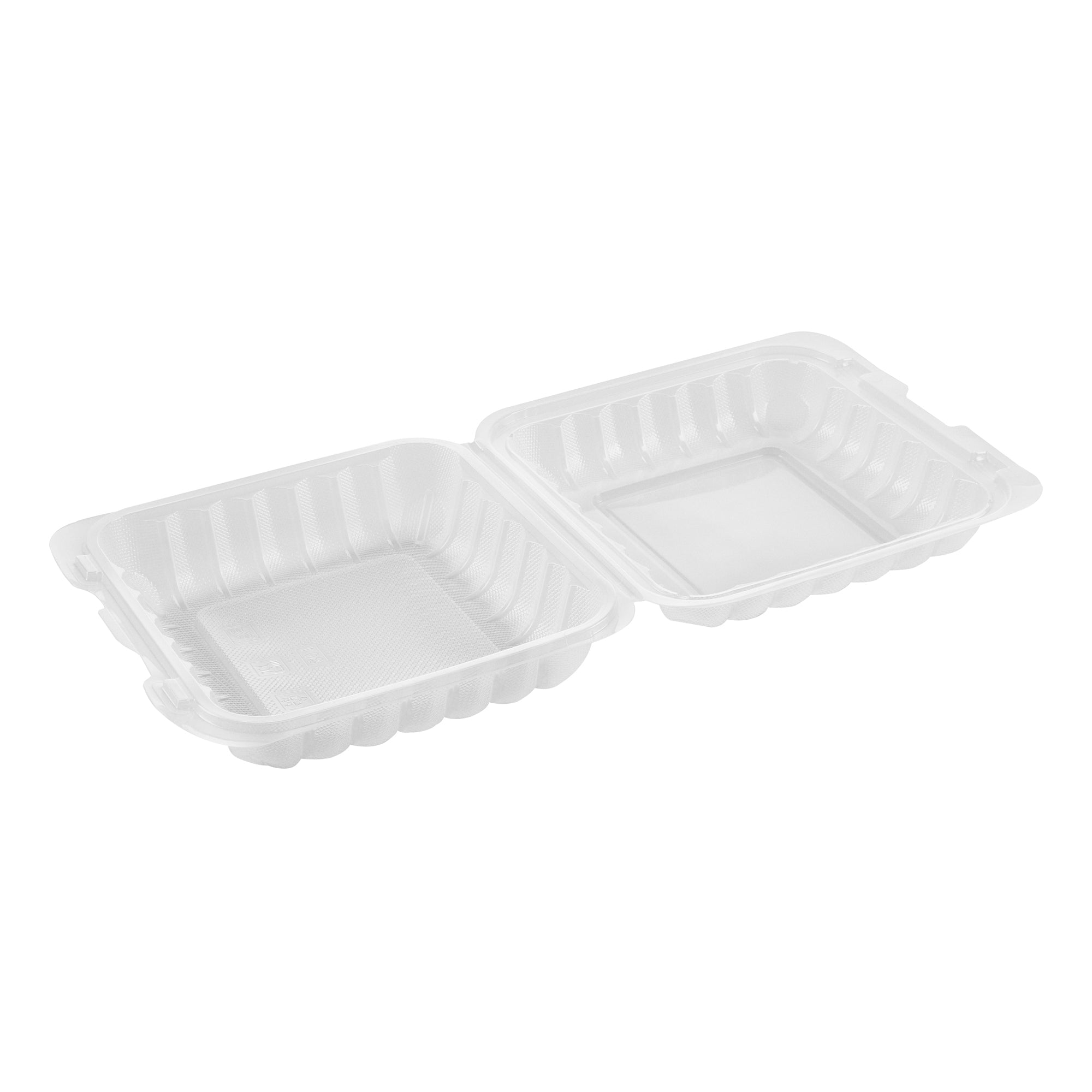 Chef 101 34 oz Square Clear Plastic Clamshell Container - Microwavable - 8" x 8" x 3" - 100 count box