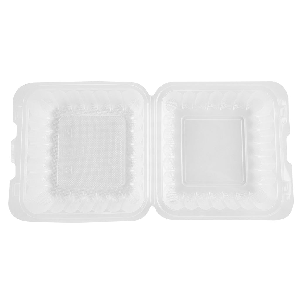 Chef 101 34 oz Square Clear Plastic Clamshell Container - Microwavable - 8" x 8" x 3" - 100 count box
